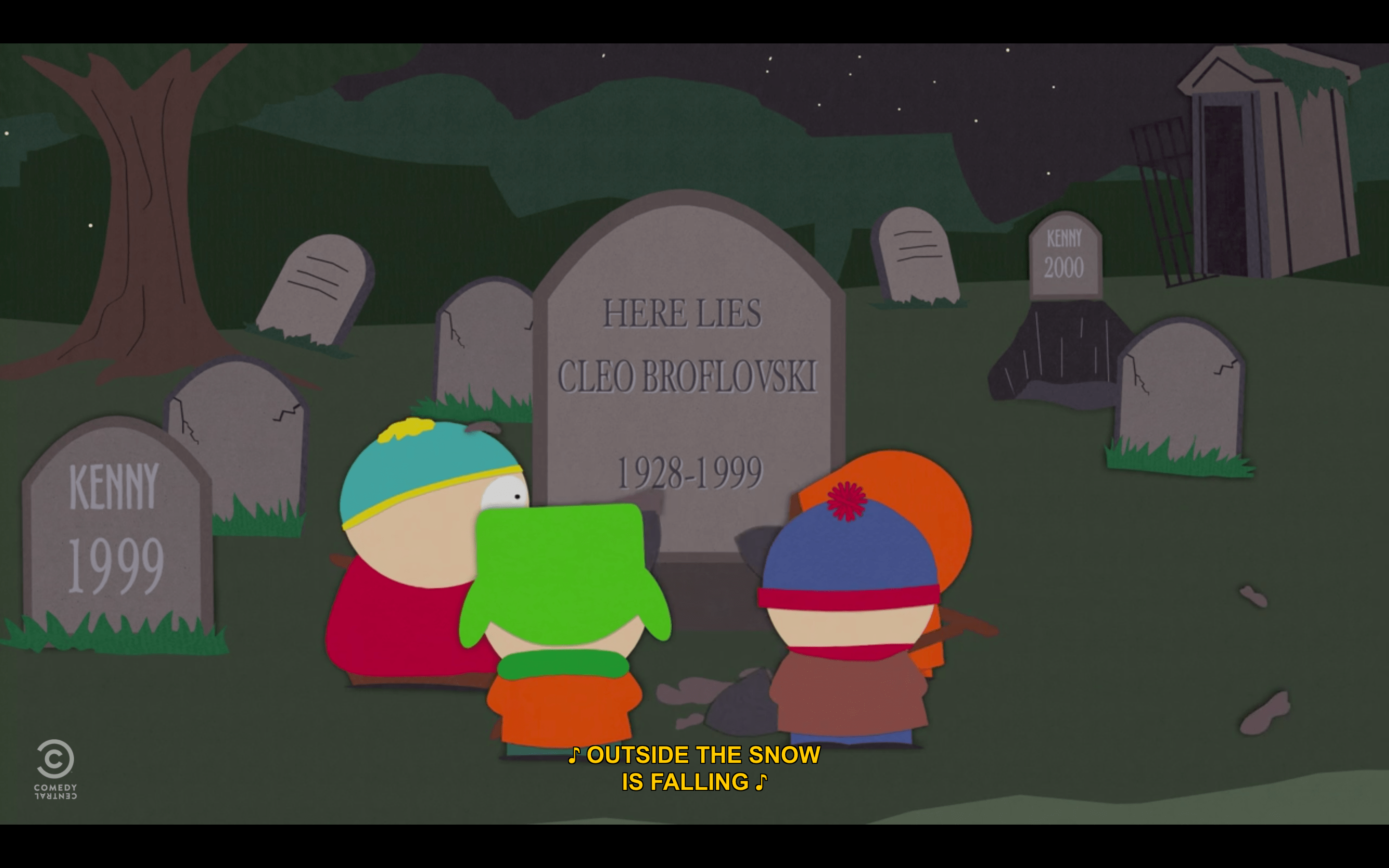 IN S3E10, you can see two gravestones marked "Kenny" when the boys dig