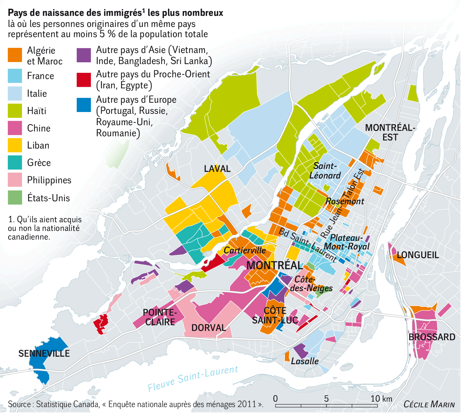 Country of birth of largest immigrant group by area (Montreal) (Source