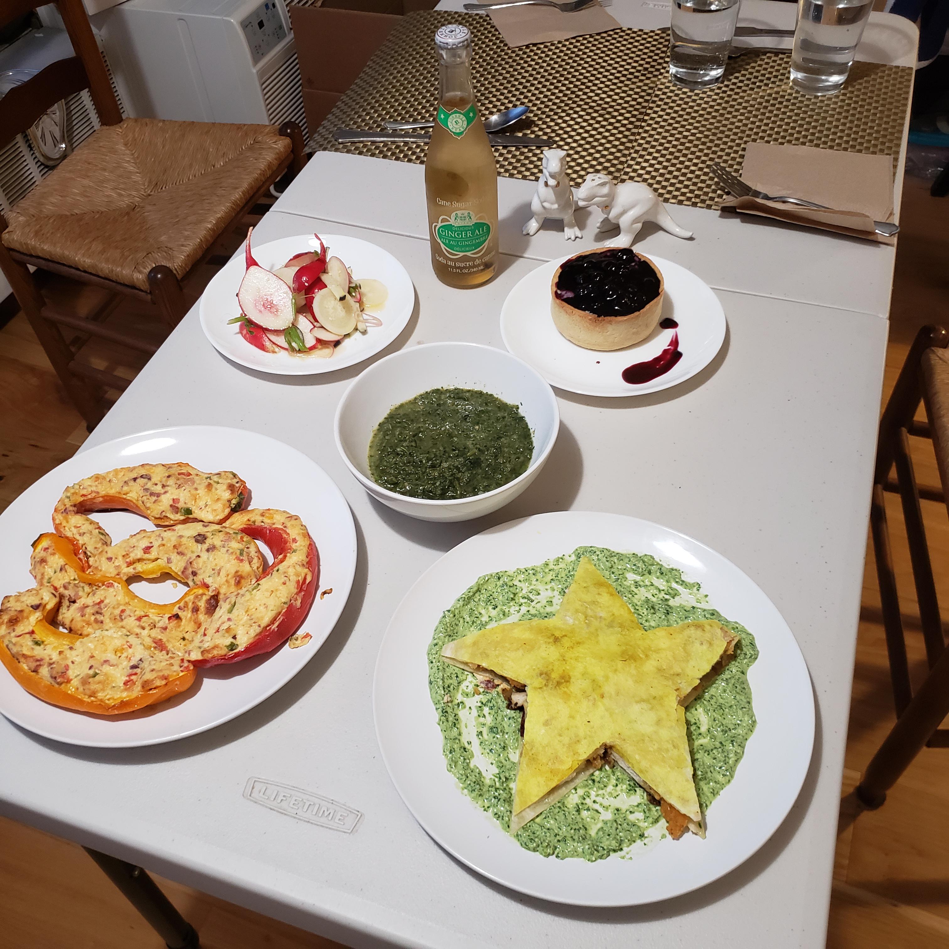 Stardew valley dinner with lucky lunch, pepper poppers, algae soup, radish salad, blueberry tart