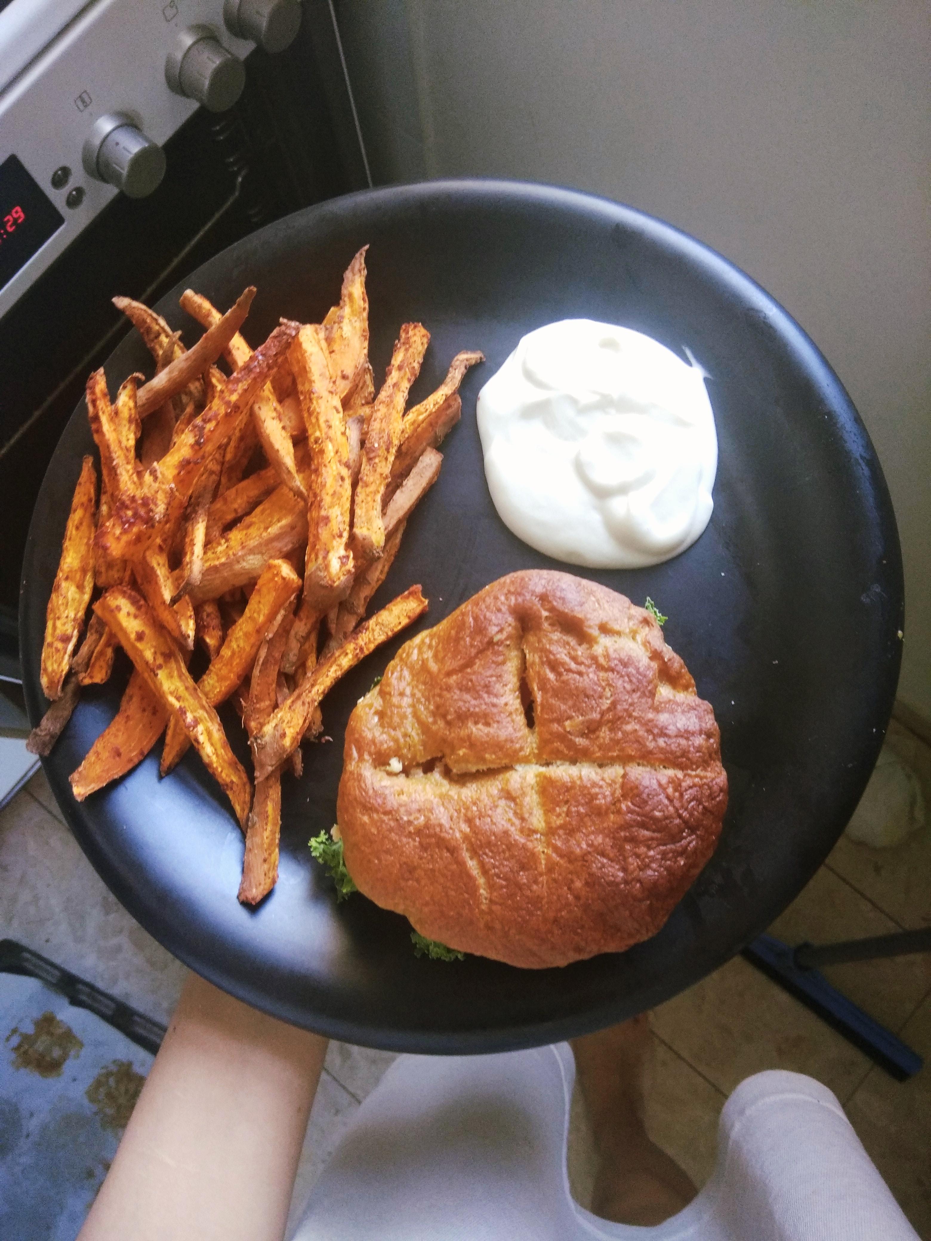I made kale pesto burgers with pretzel buns, sweet potato fries and
