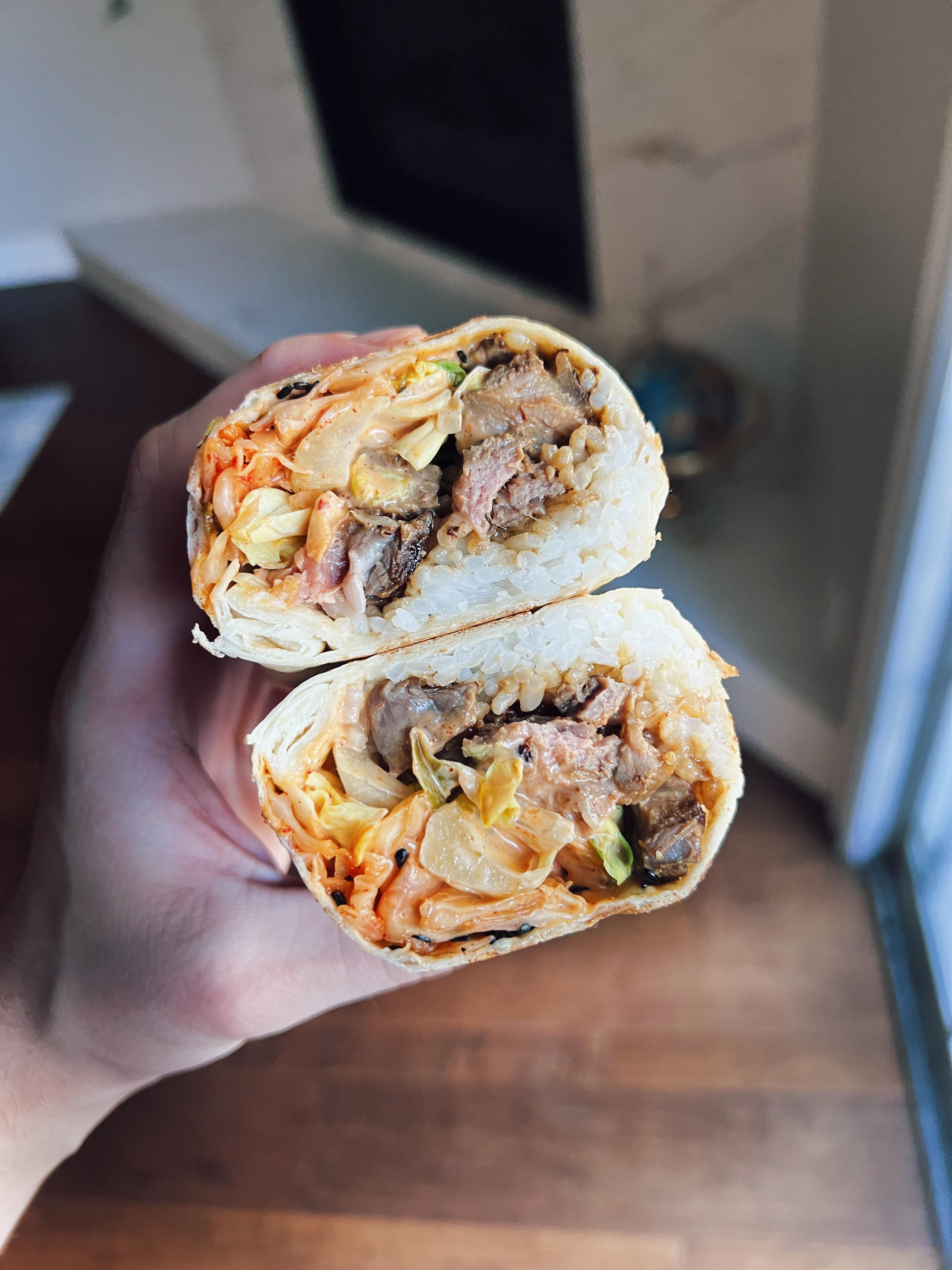 [homemade] Korean Beef Bulgogi Burritos with Rice, Lettuce, Kimchi, and