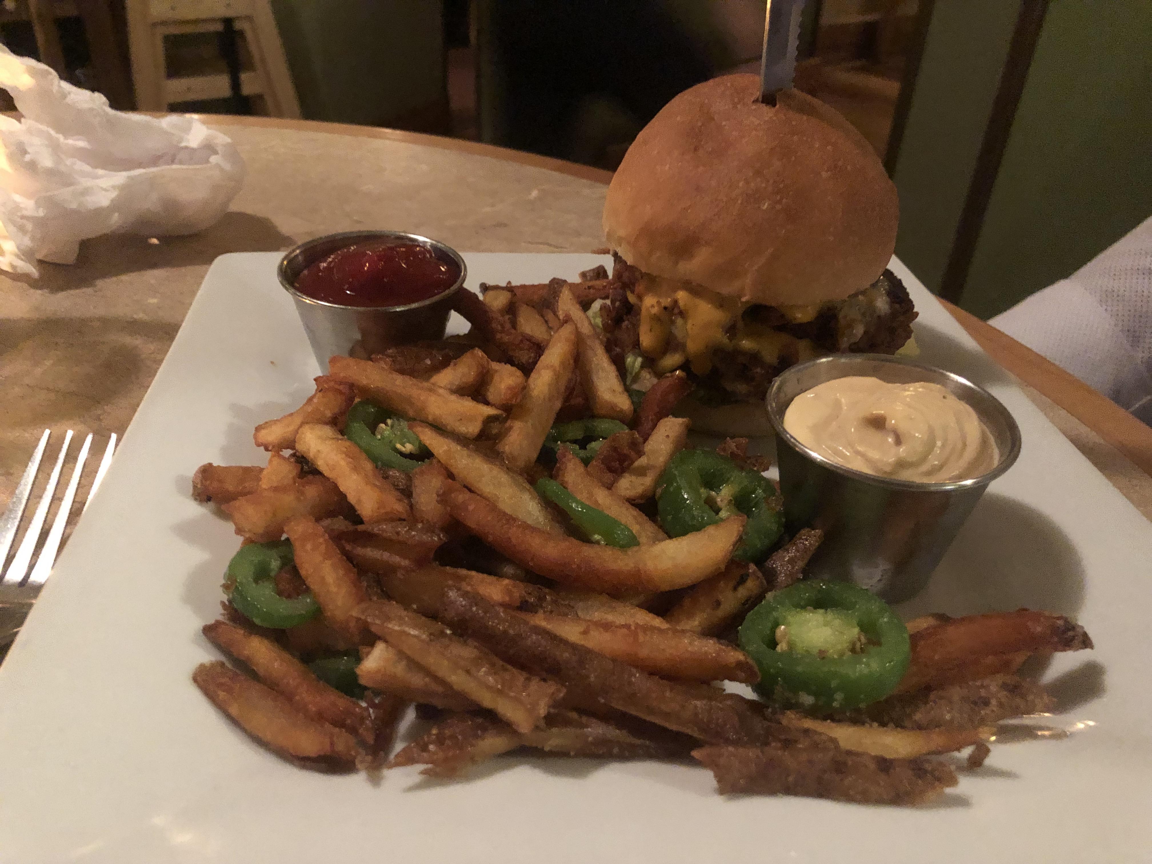 Vegan cheese. Vegan smash burger. Vegan jalepeno fries. Vegan ranch