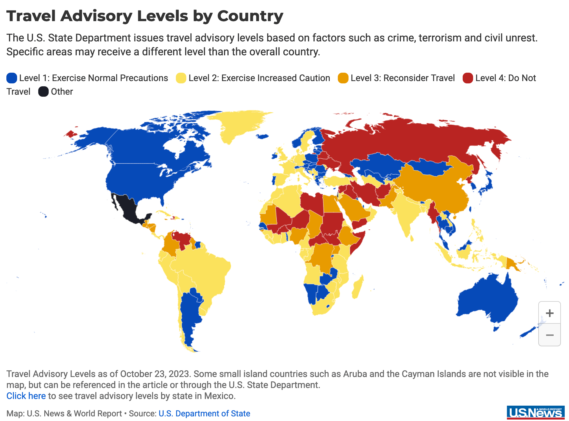 The US map ranking countries to travel based on safeness. It's