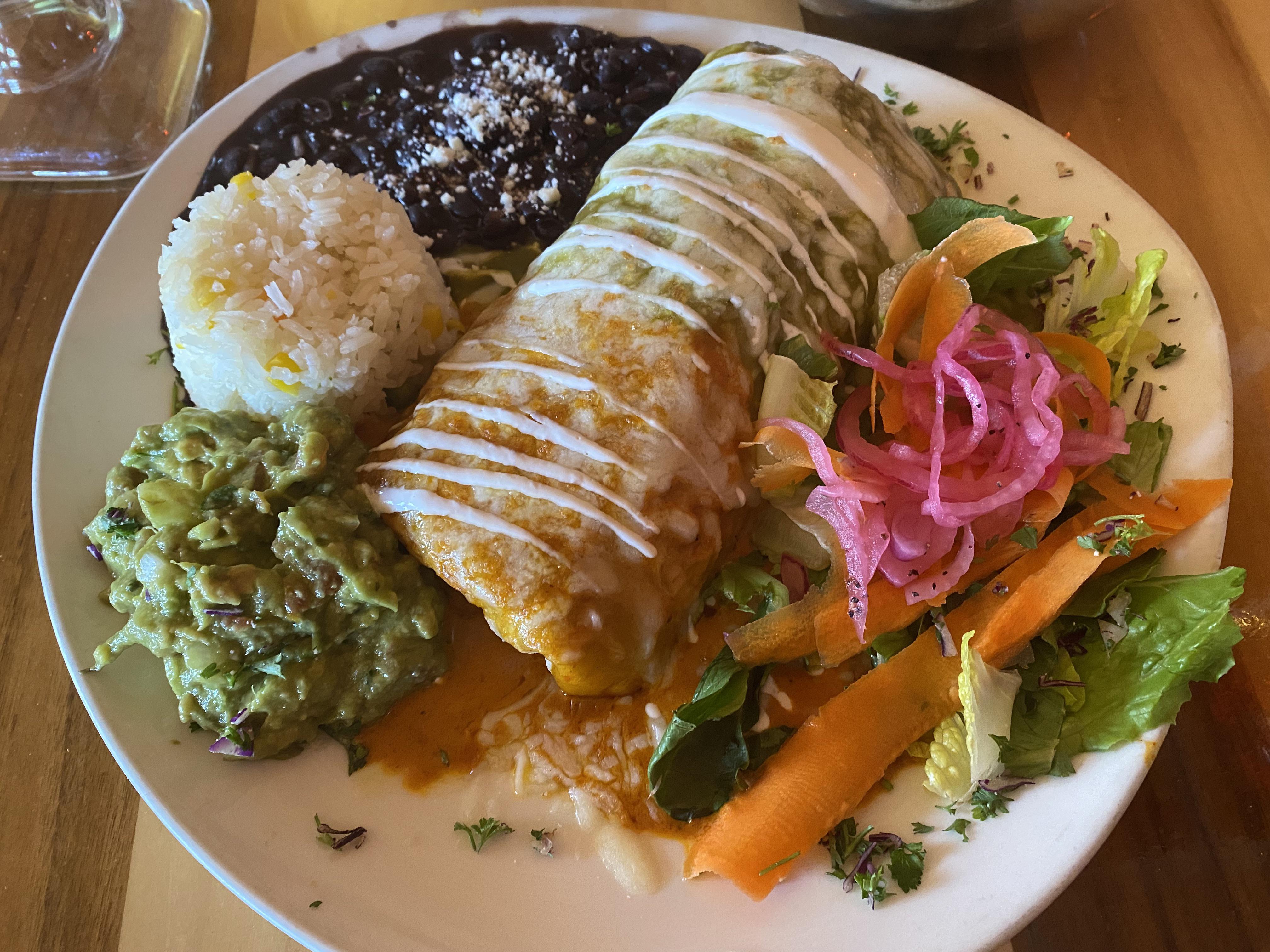 Amazingly delicious “Sonora Burrito”, EnchiladaStyle, with beans, rice