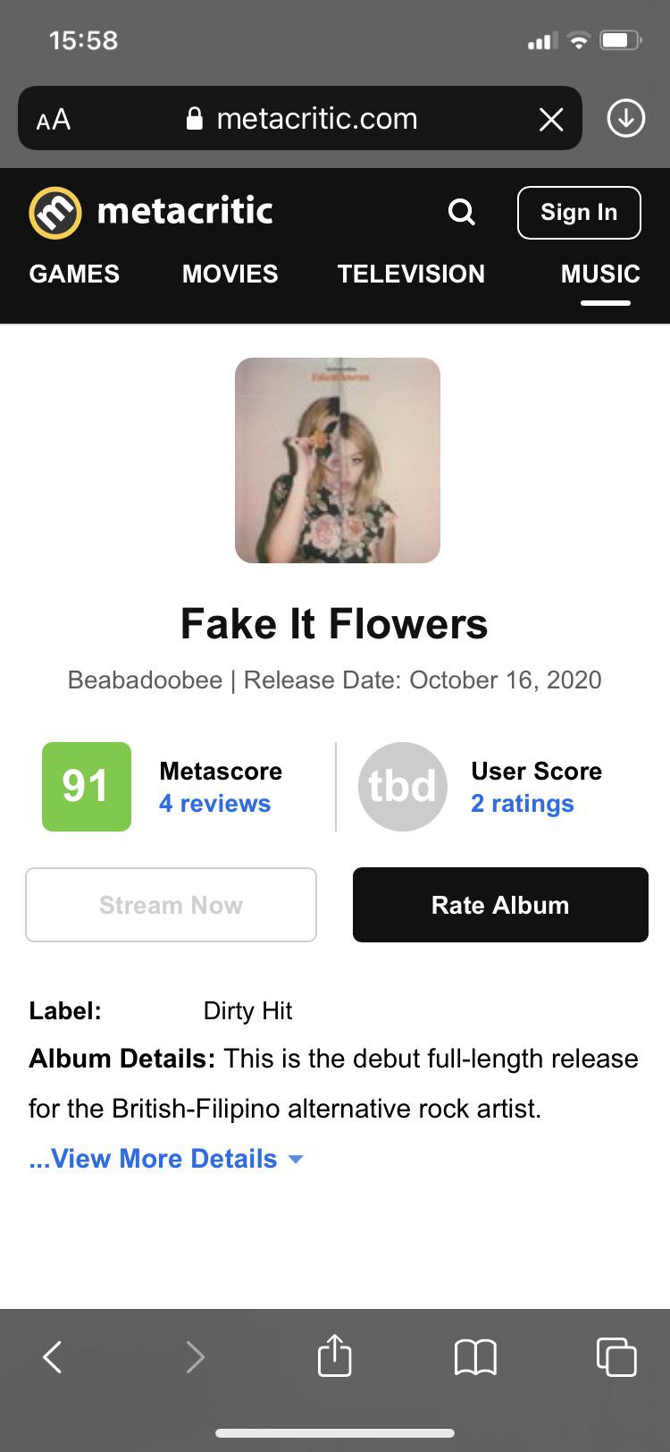 FAKE IT FLOWERS METACRITIC SCORE 91! THIS IS AWESOME!!! r/beabadoobee