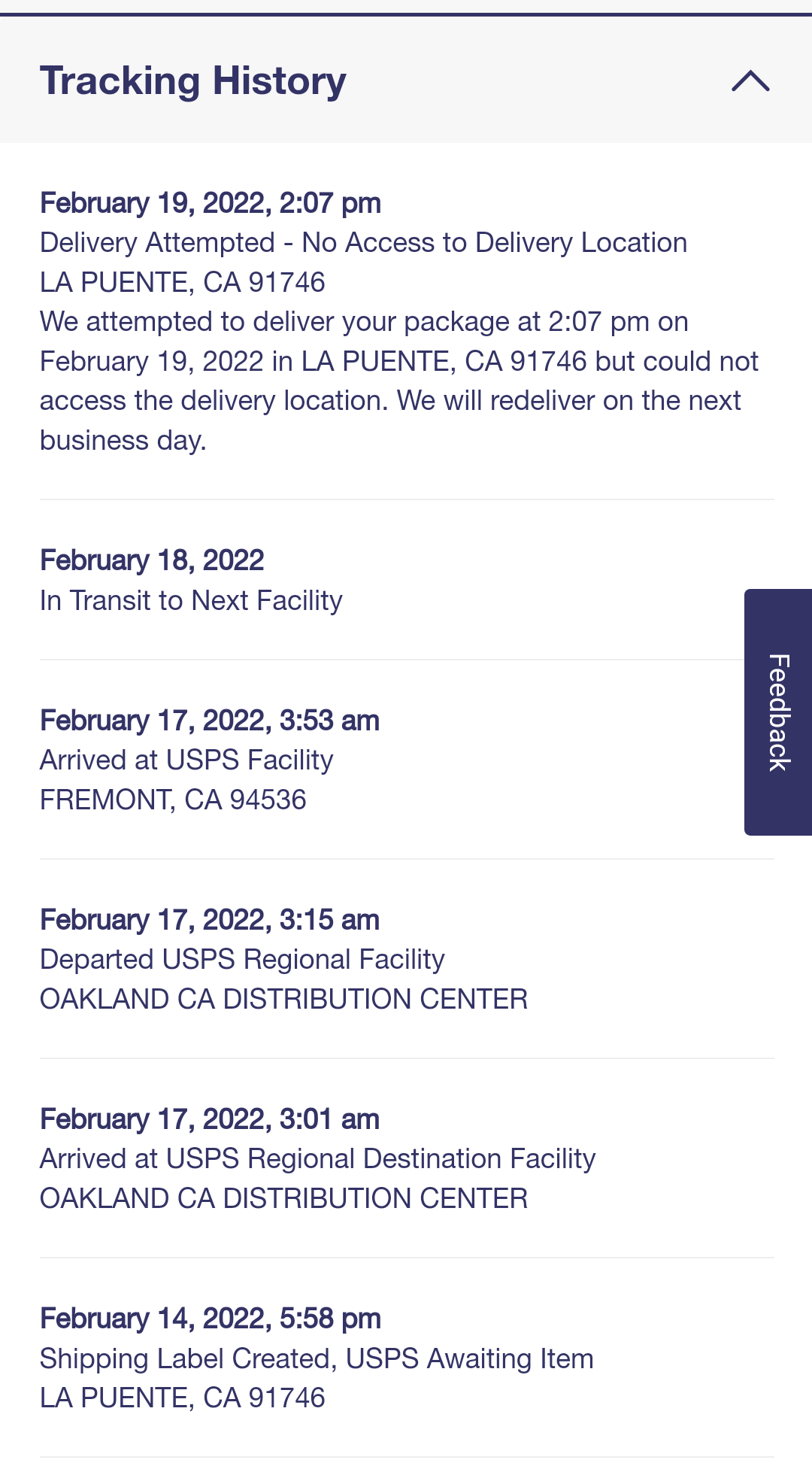 Did USPS make a delivery attempt? Source address is LA PUENTE, CA and