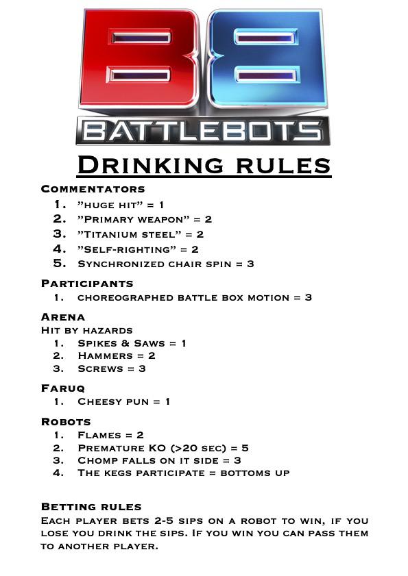 Proposed rules for a BattleBots drinking game (I've only seen season 1