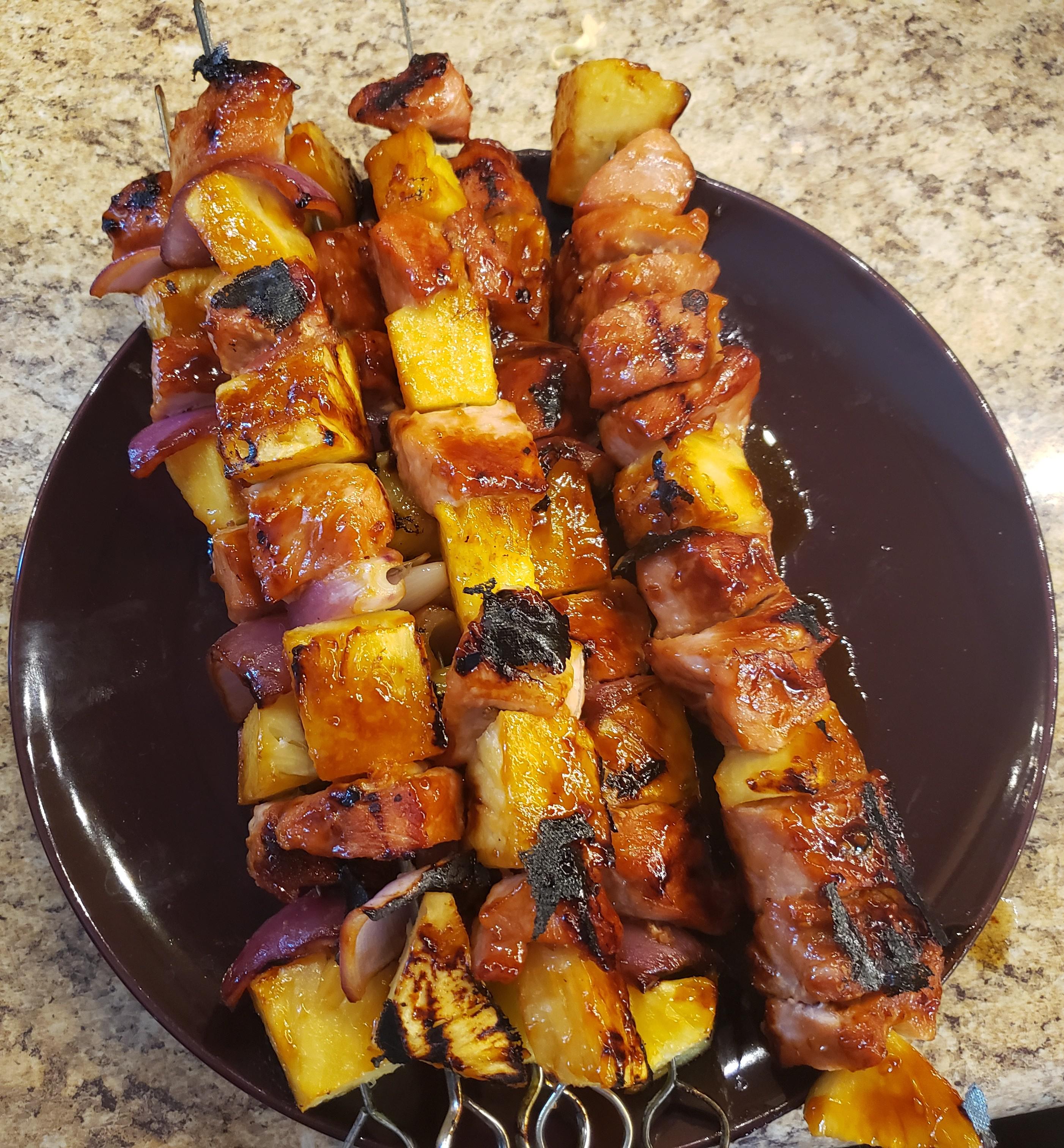 [Homemade] Grilled teriyaki pork, pineapple and red onion skewers. r/food