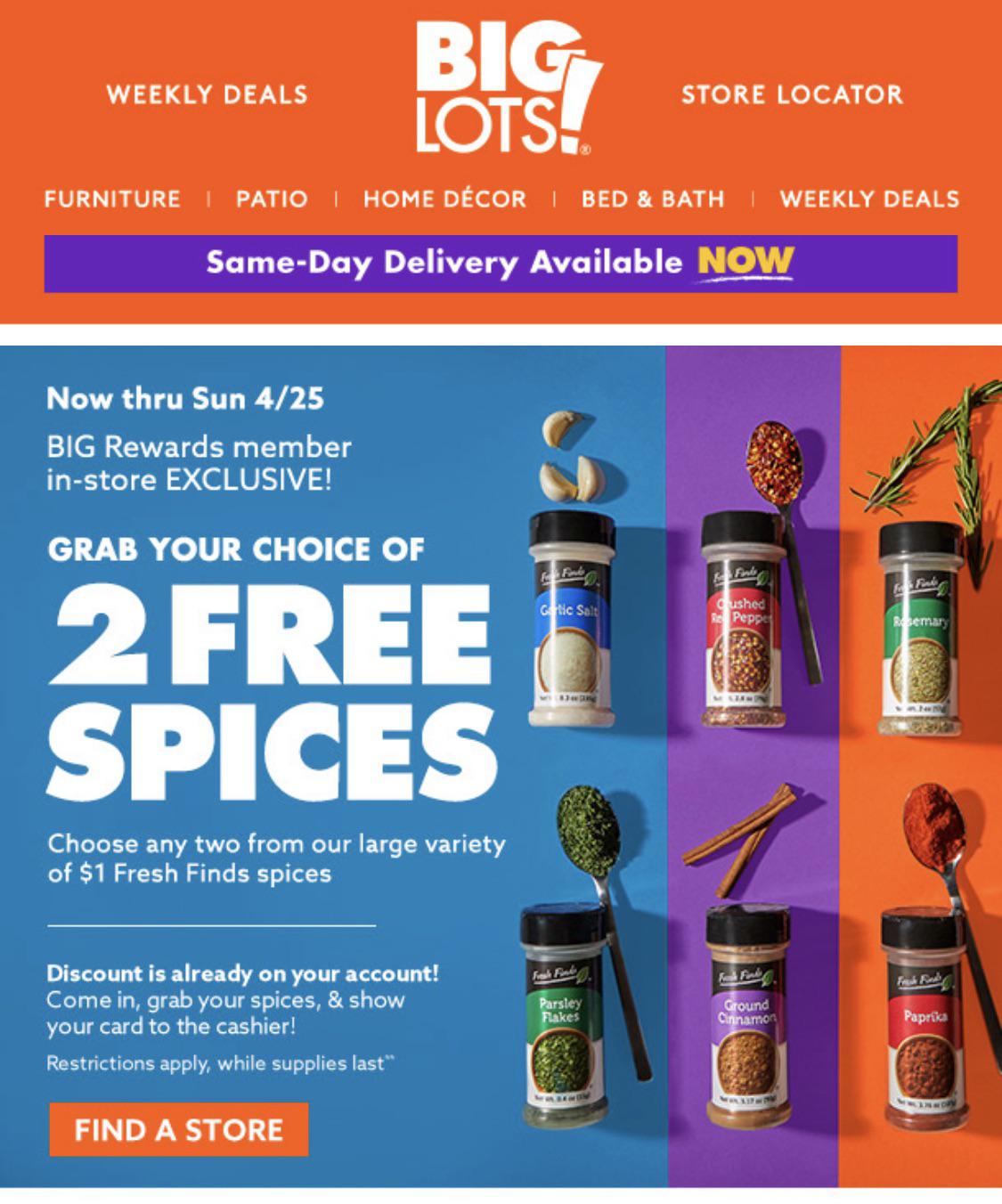 2 FREE spices for Big Lots Rewards Members r/freebies