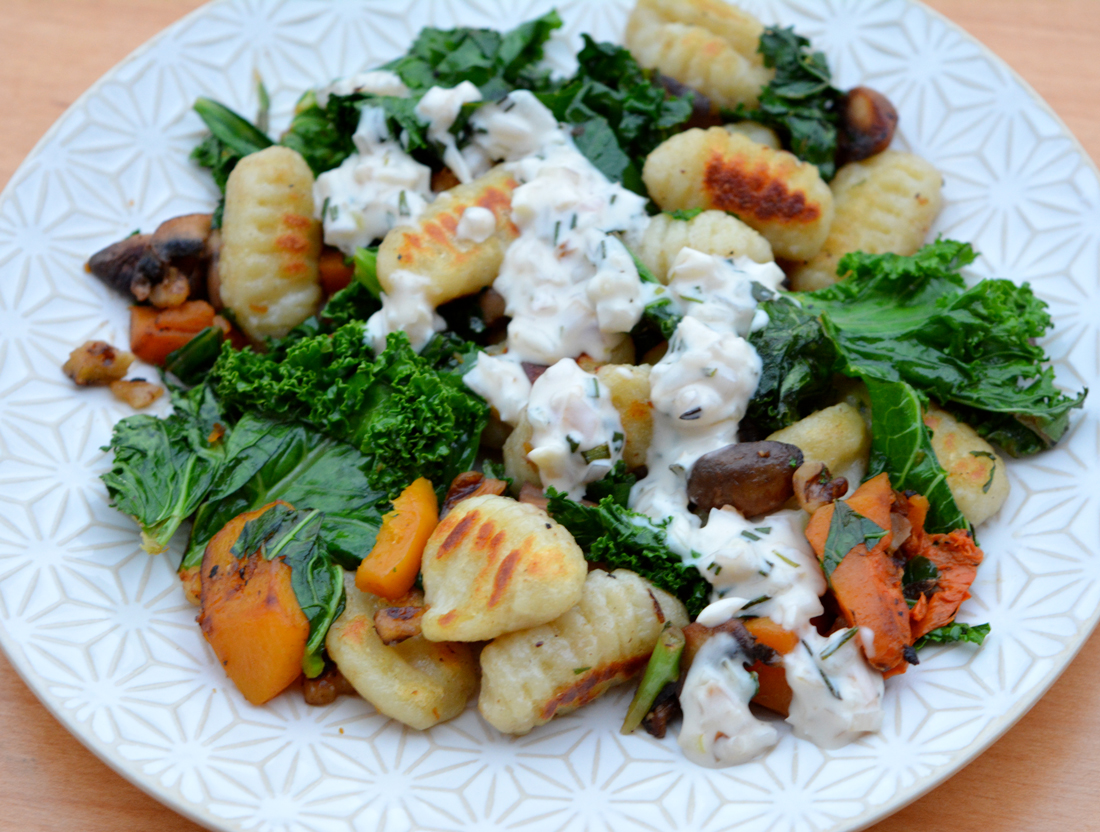 260 calories. Crispy Gnocchi Alfredo with Butternut Squash & Mushrooms