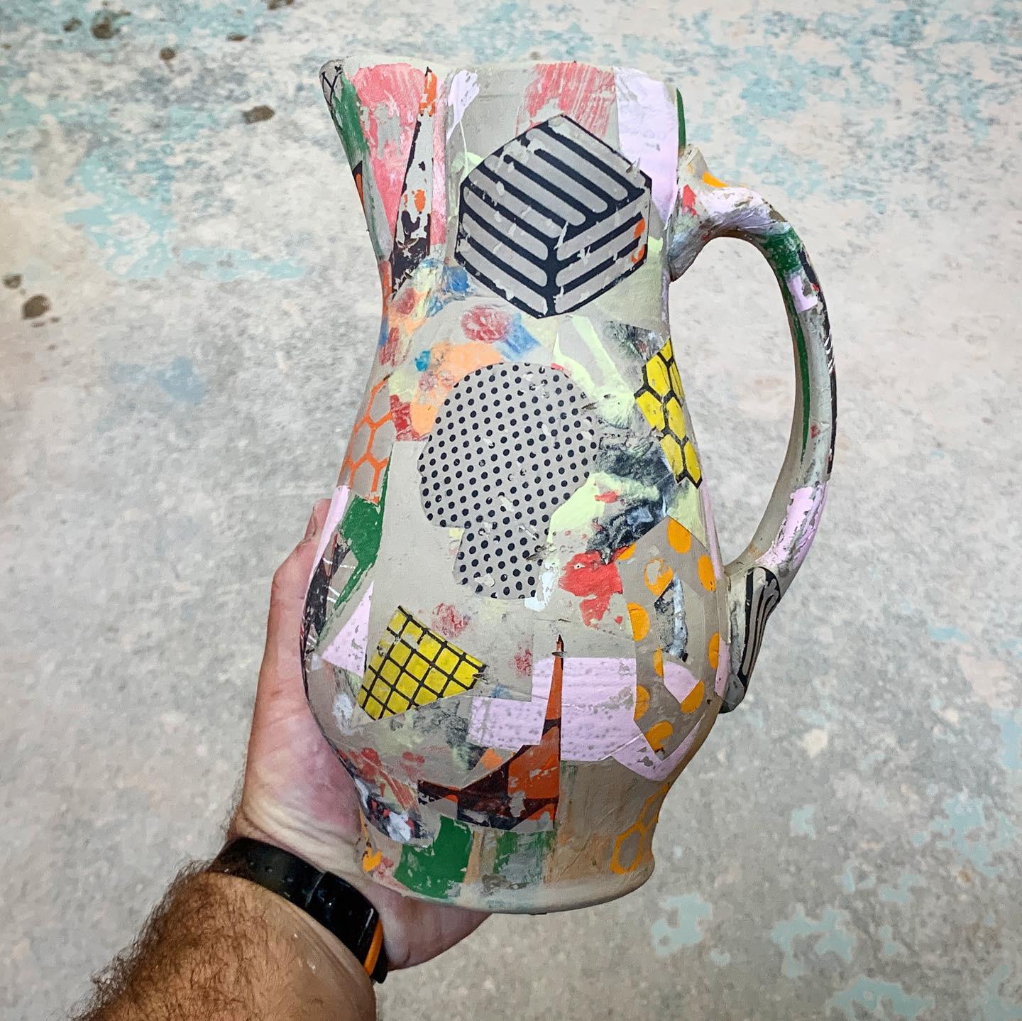 Pitcher demo with mono print transfers for my soda surfaces students