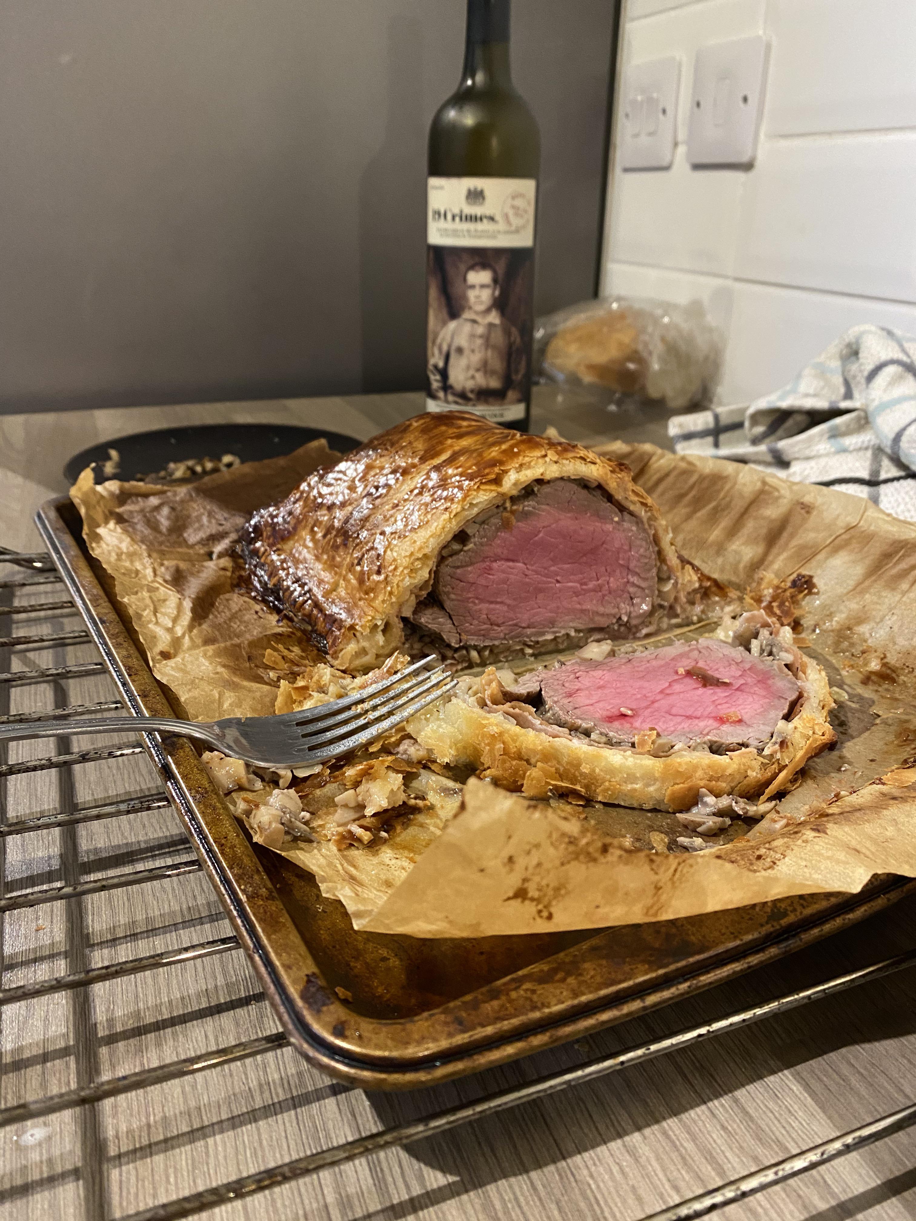 My first attempt at a prosciutto and wild mushroom beef Wellington r