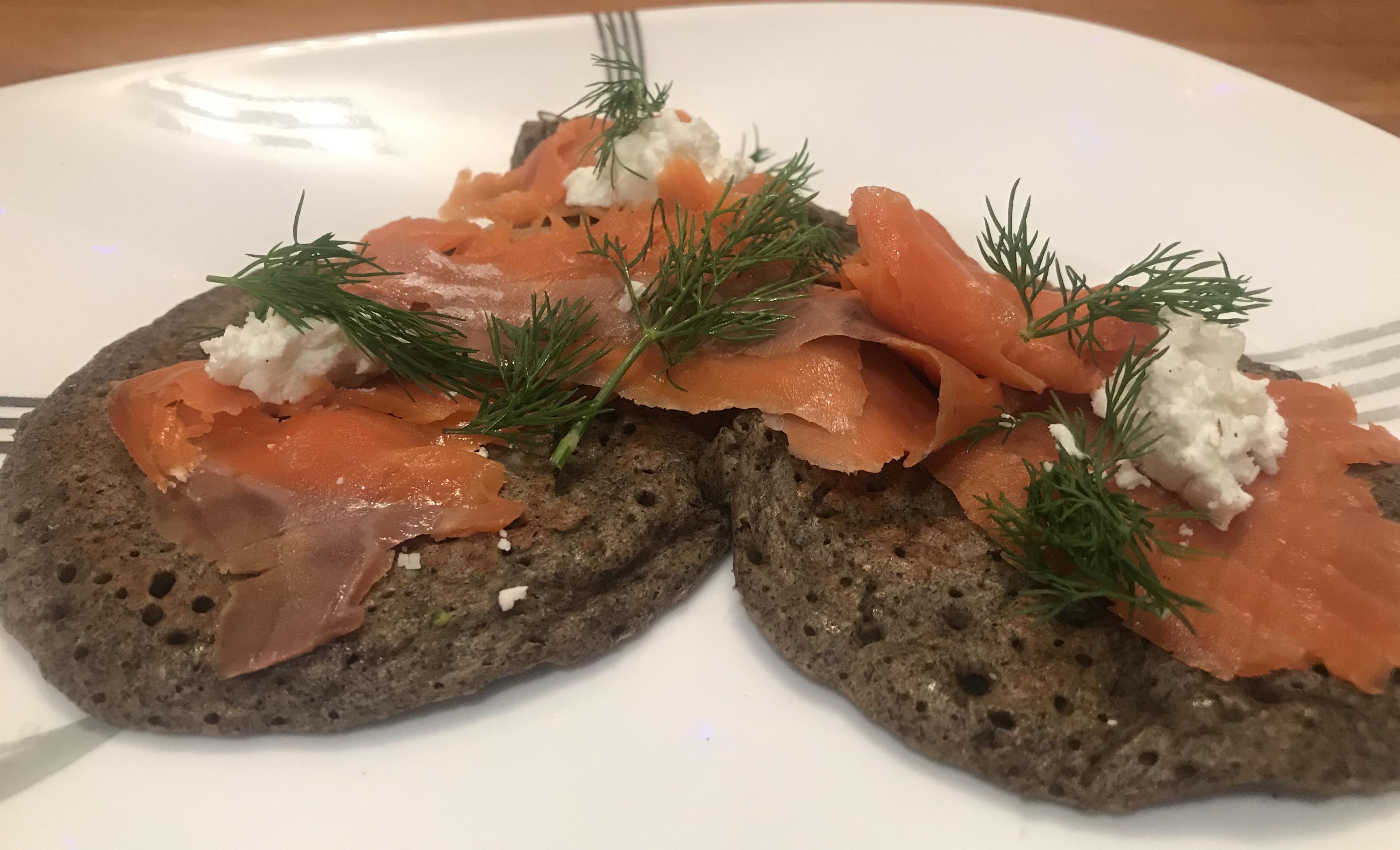 Week 3 Russian. Buckwheat blinis with smoked salmon, creme fraiche, and dill. r/52weeksofcooking