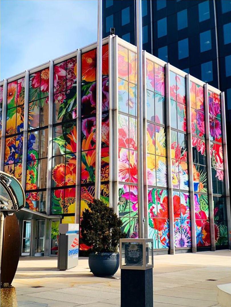 Chase Bank building in Milwaukee, covered with flowers