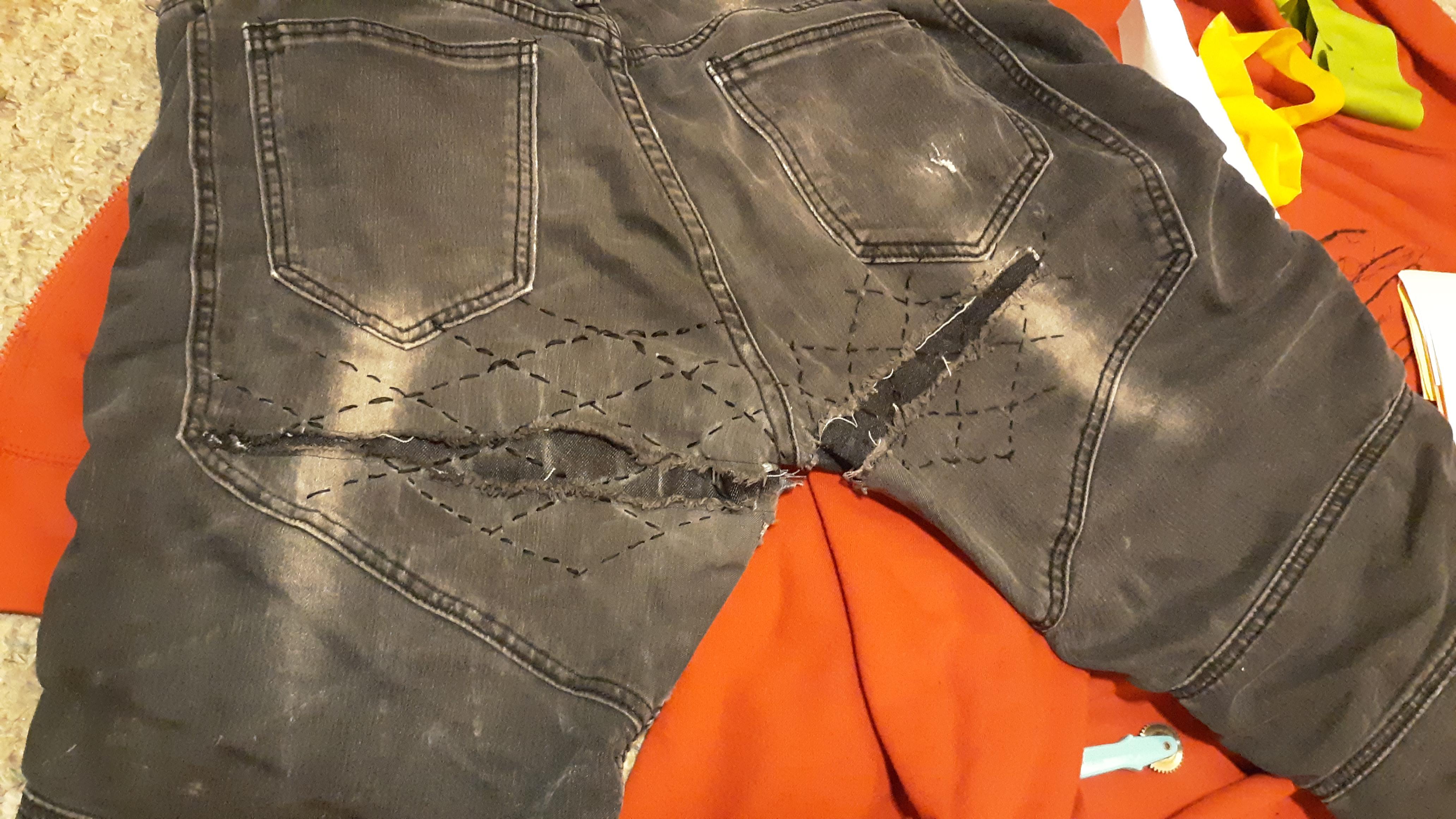 Bae's favorite pair of stretch jeans ripped. He thinks they look even cooler now! r/Visiblemending