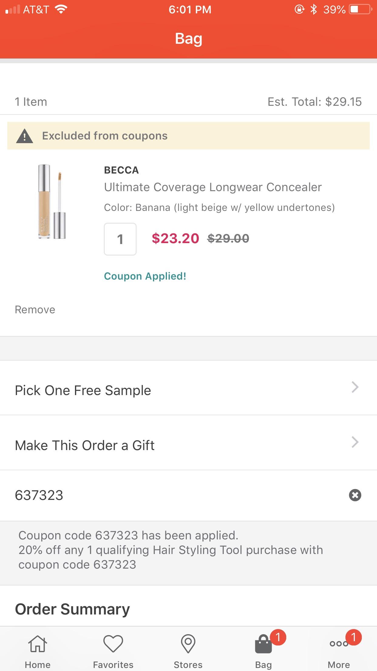 20 off ANY one item at ulta right now!!! Code 637323 MUAontheCheap