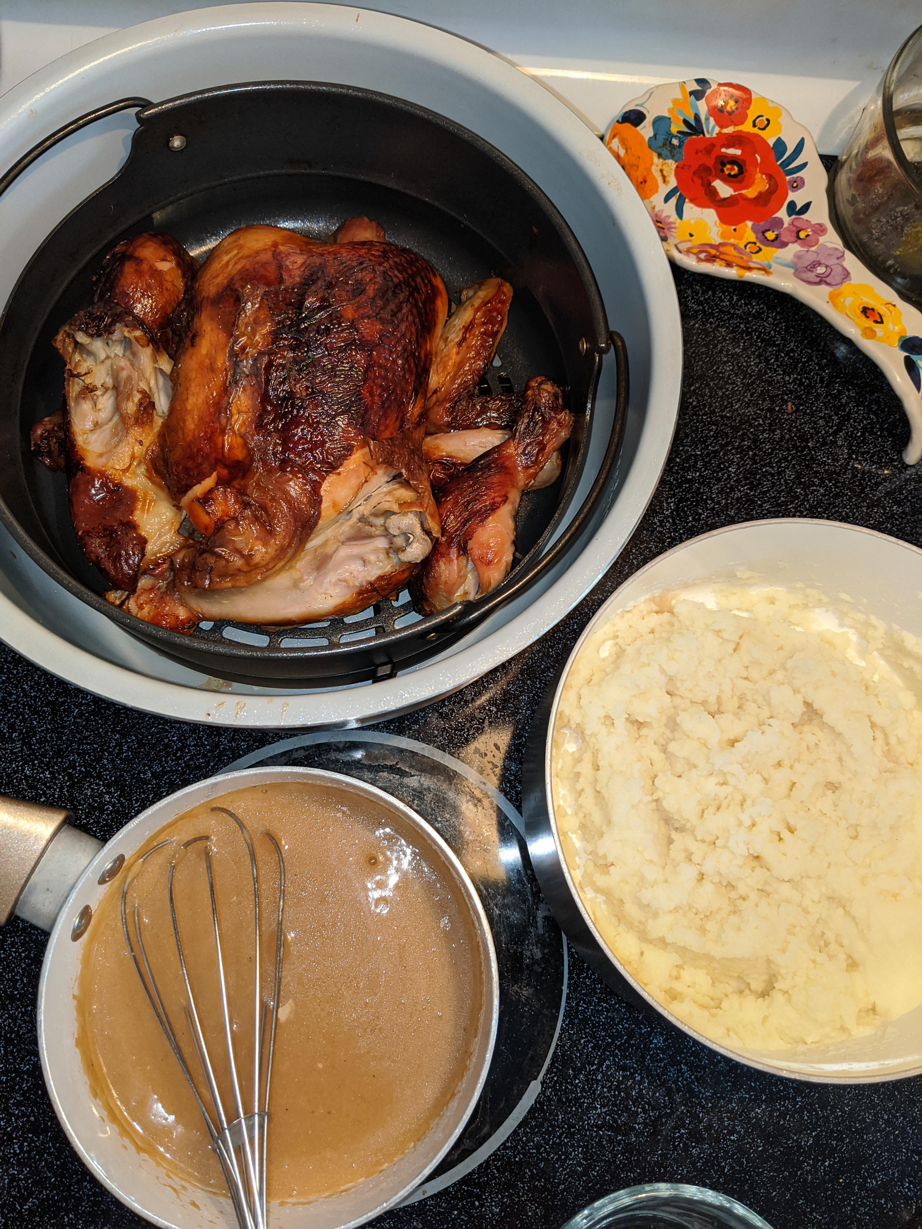 Bought a rotisserie chicken, put it in the air fryer. Instant mashed