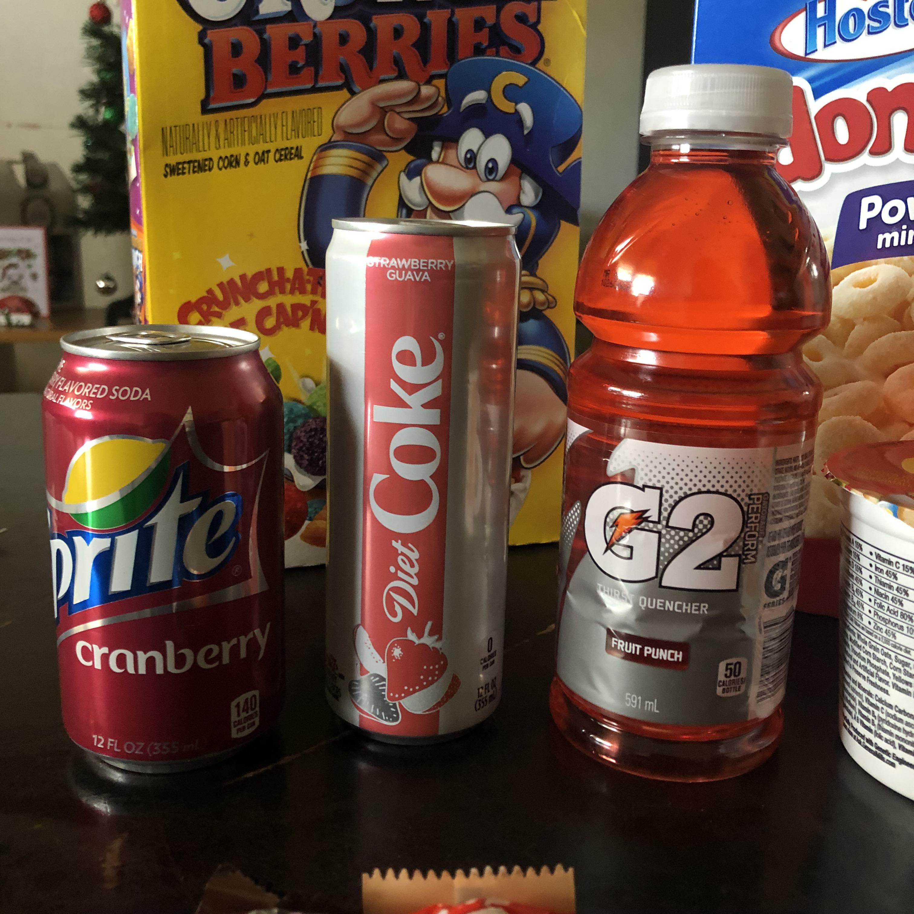 Cranberry sprite, strawberry & guava Diet Coke and a G2 tropical punch
