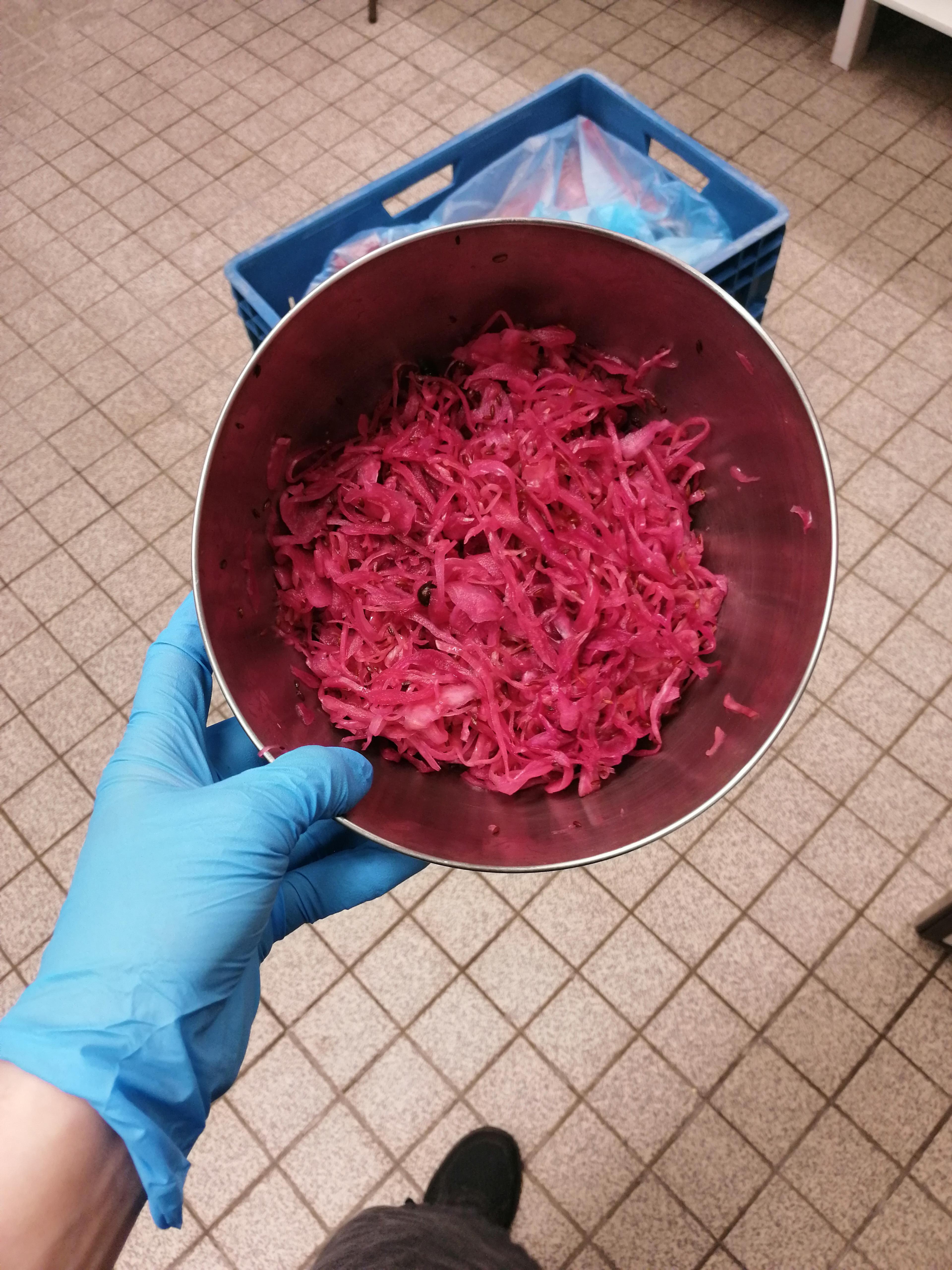 My pink sauerkraut after one week of primary fermentation. So happy