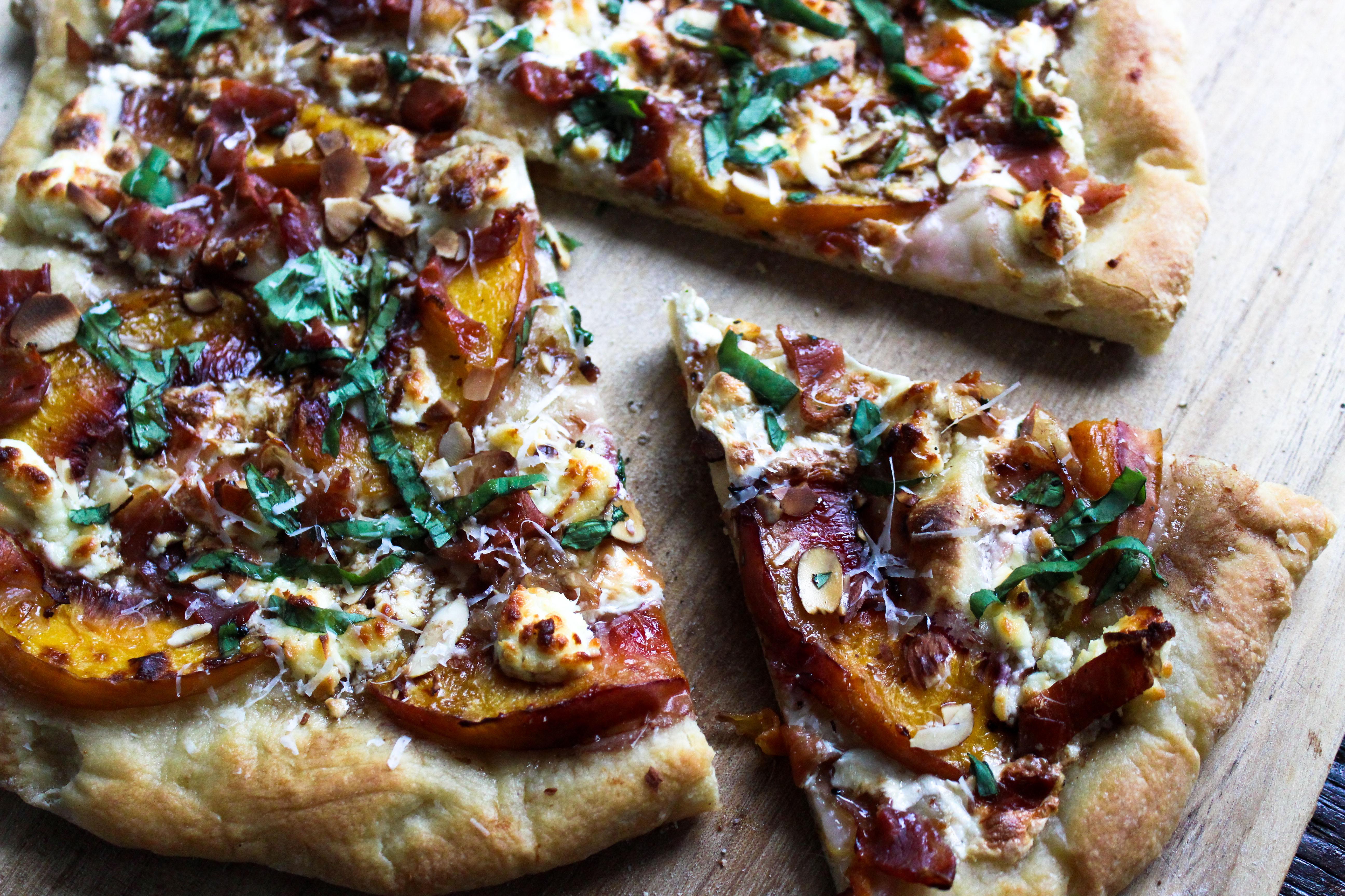 Peaches, prosciutto, goat cheese, fresh mozzarella, fresh basil