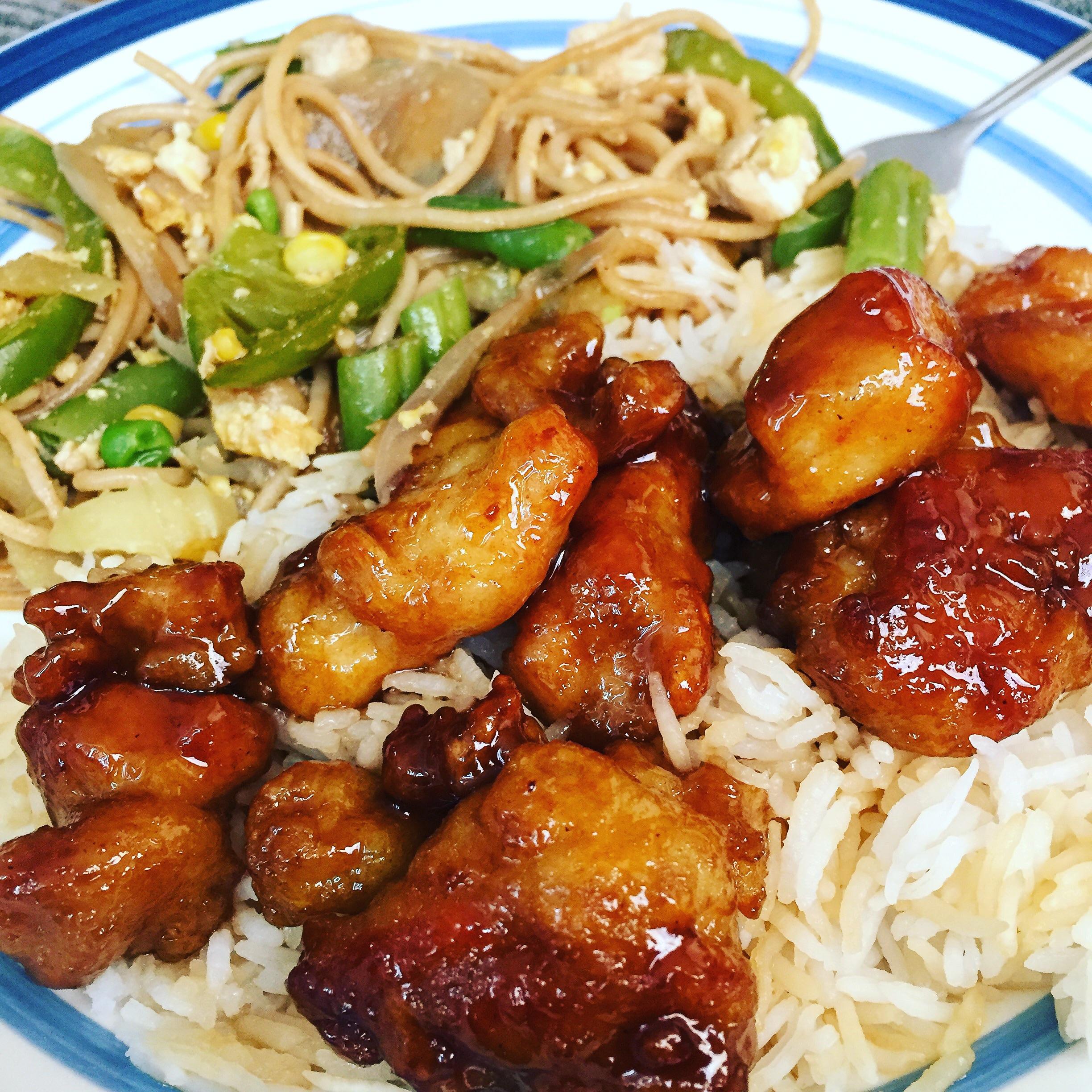 [Homemade] Chicken Lo Mein w/ Orange Chicken and Steamed Rice. r/food