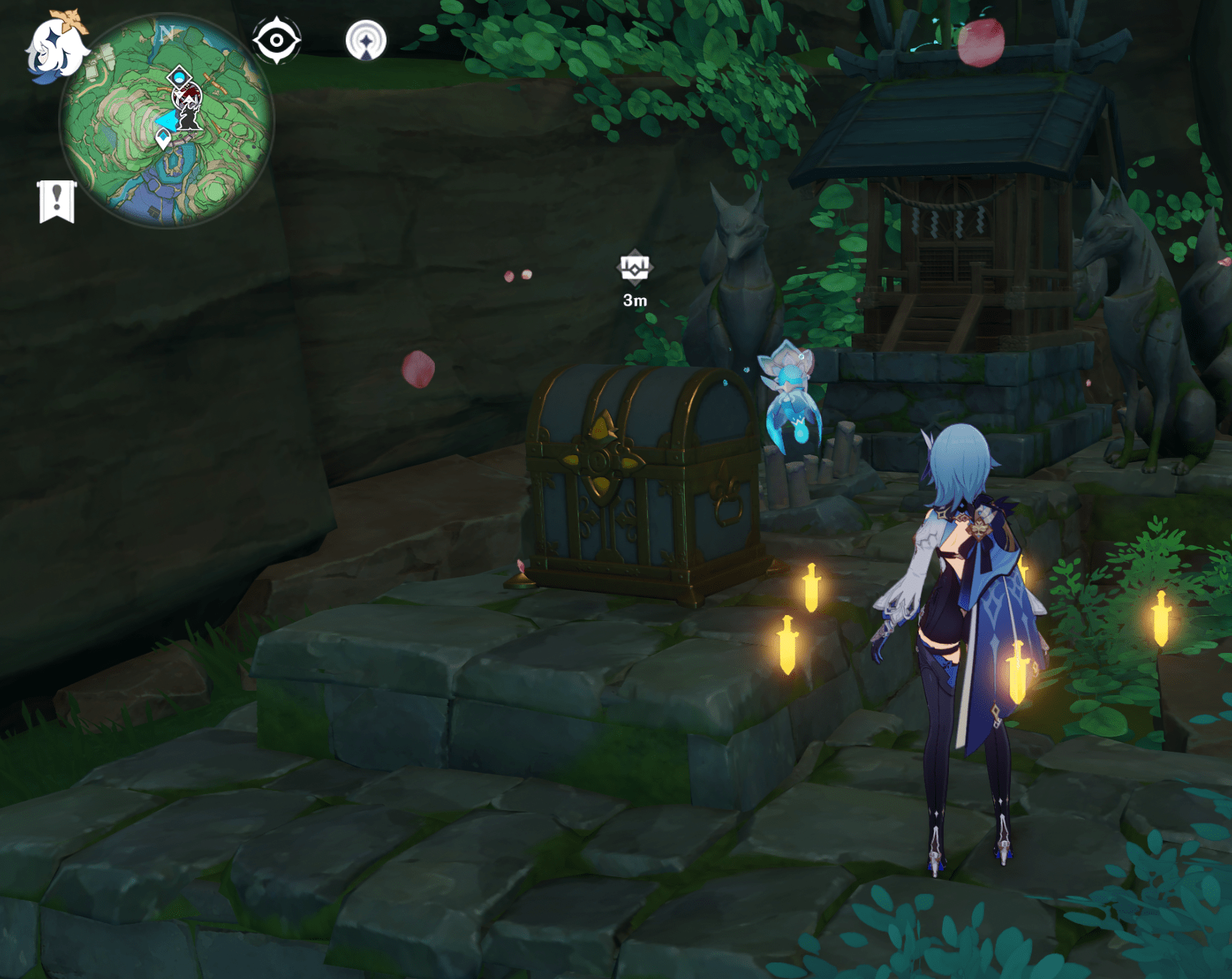 there is a secret luxurious chest behind the shrine under the sakura tree scan the fox behind