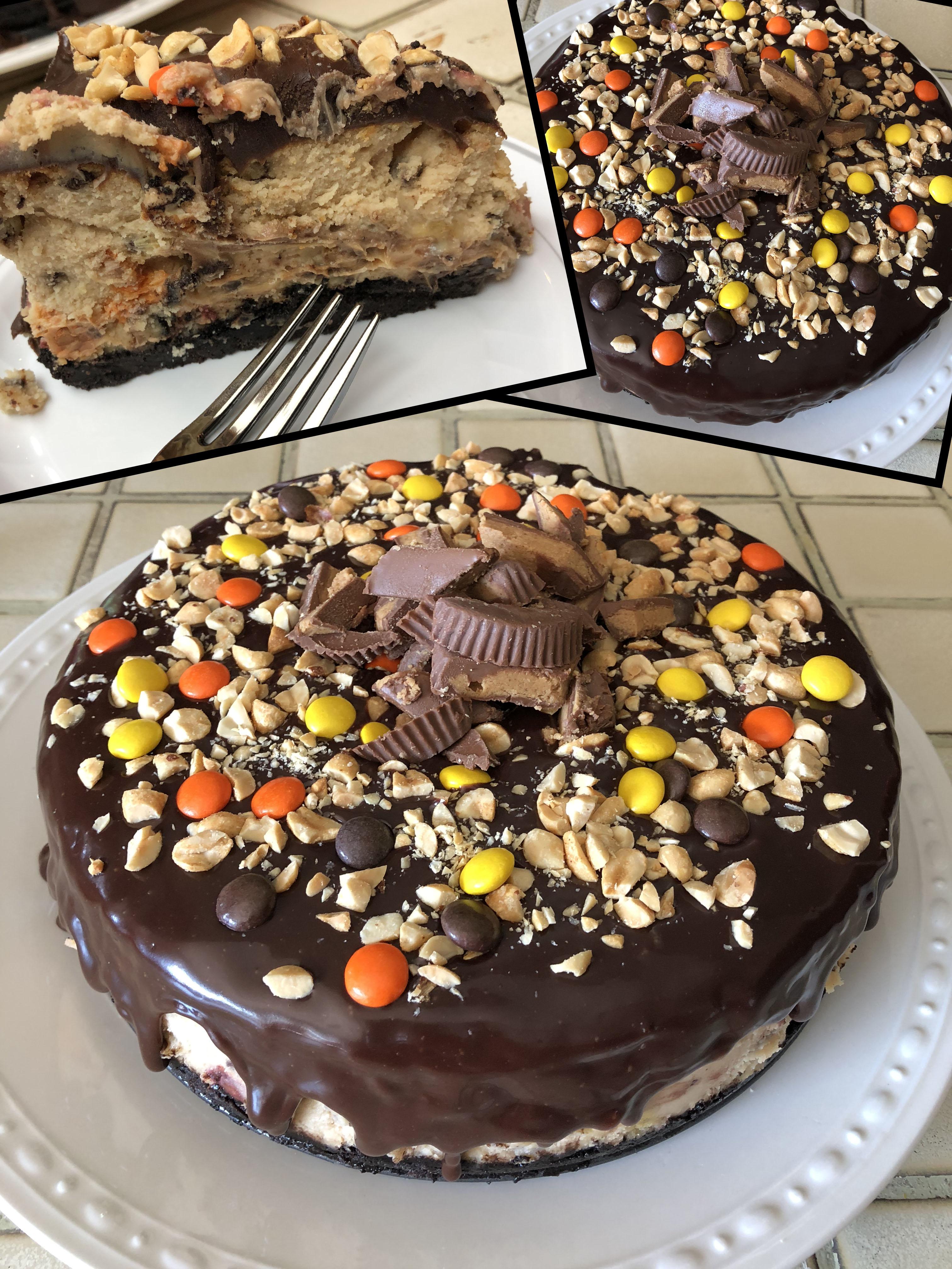 Peanut butter cheesecake with an Oreo crust and milk chocolate ganache