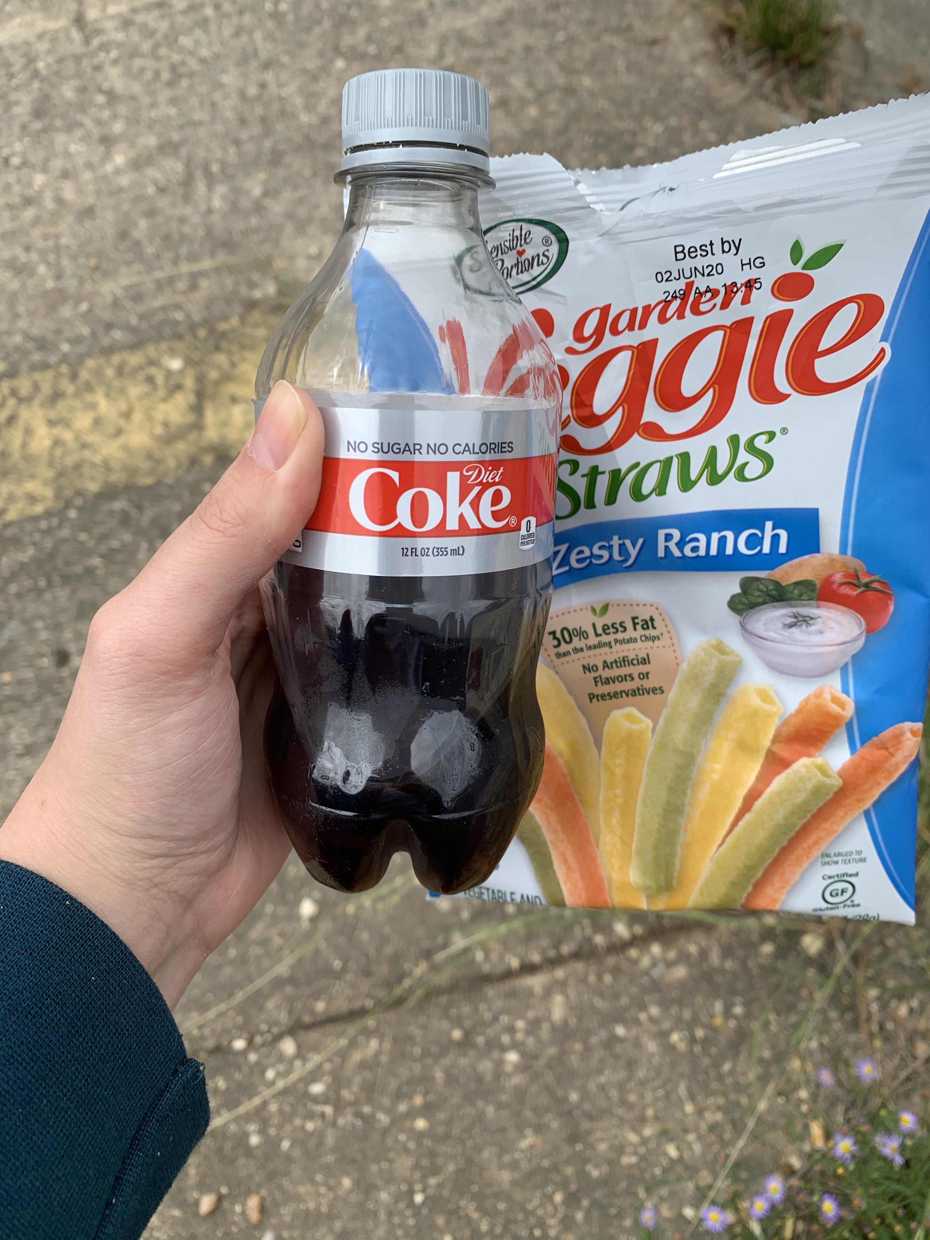 Breakfast of champs. Expired veggie straws, a Diet Coke, & a 3 mile