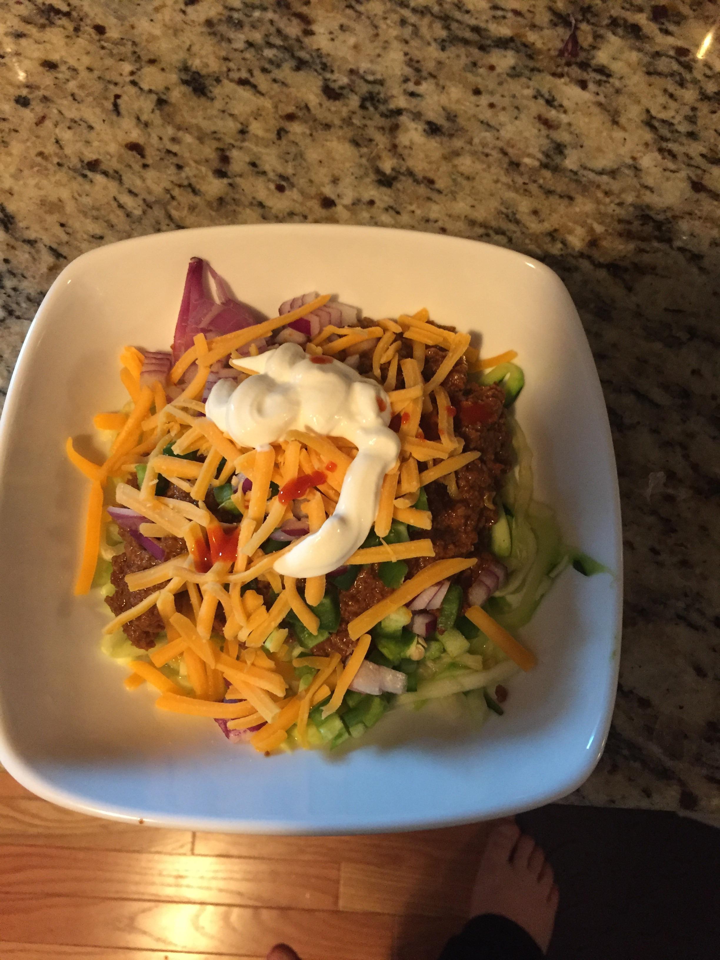 Keto Skyline Chili Zoodle topped with Castleberry's Hot Dog Chili