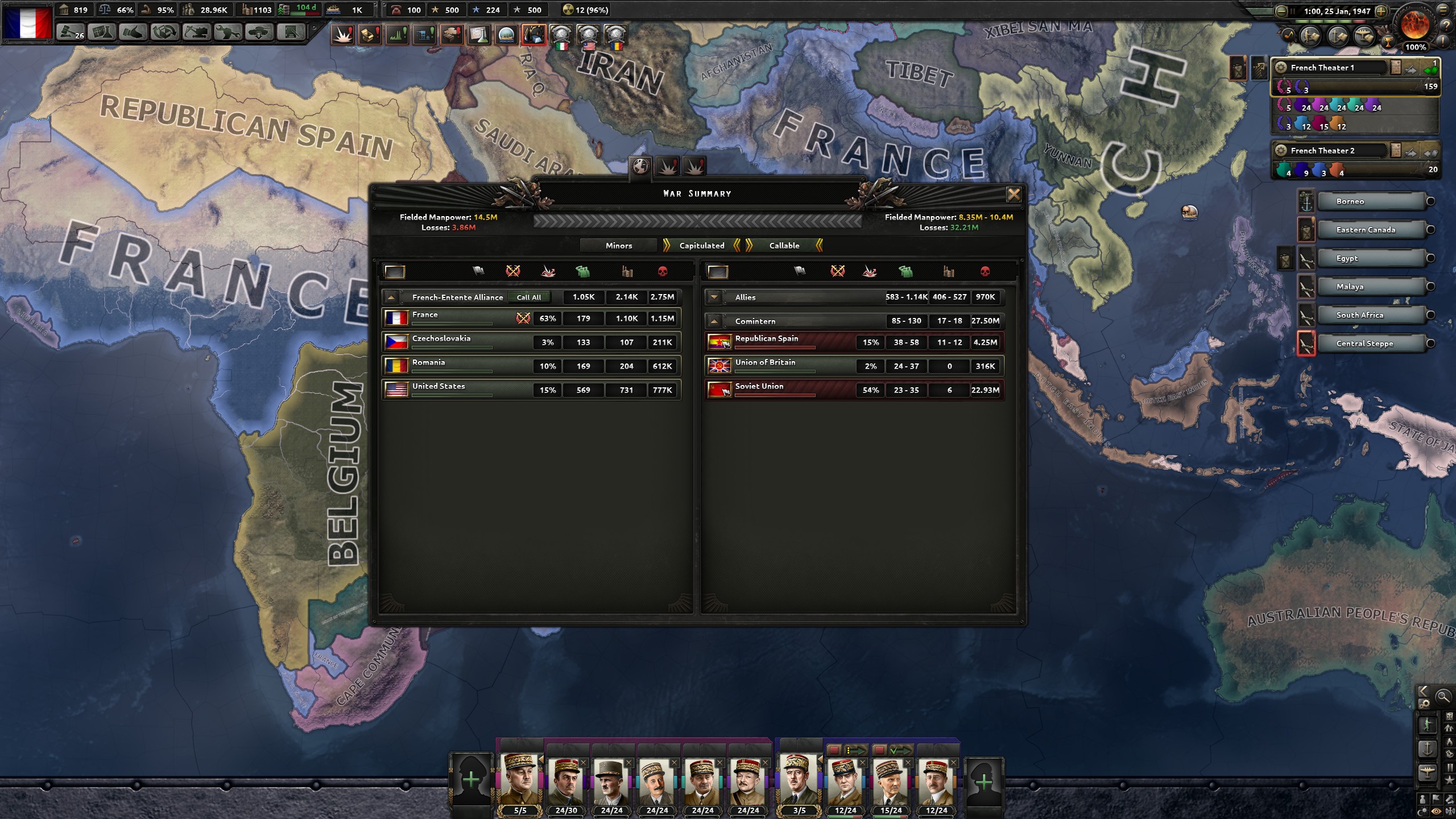 I was doing an achievement run as France and after 6 hours a bug with