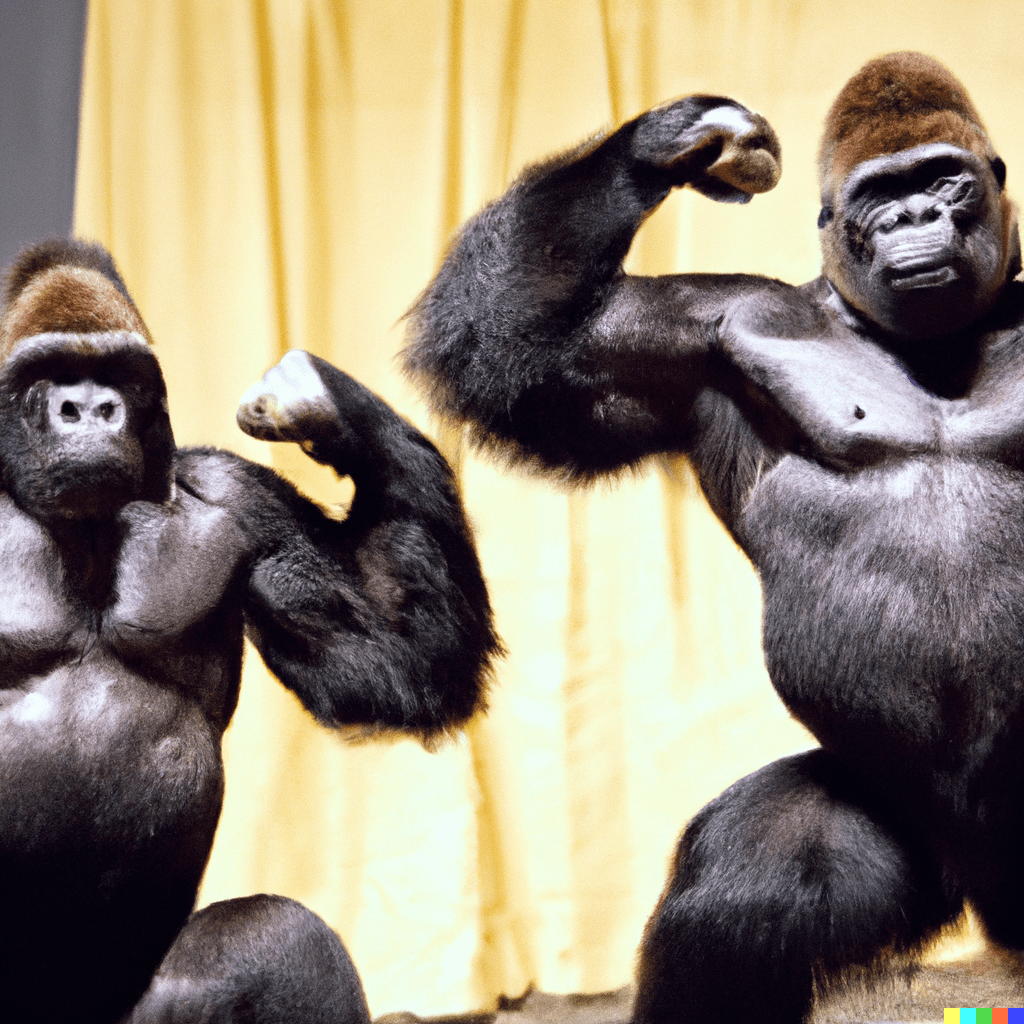 🟨🟪🟩🟥🟦 "Two gorillas posing at a bodybuilding contest, showing off