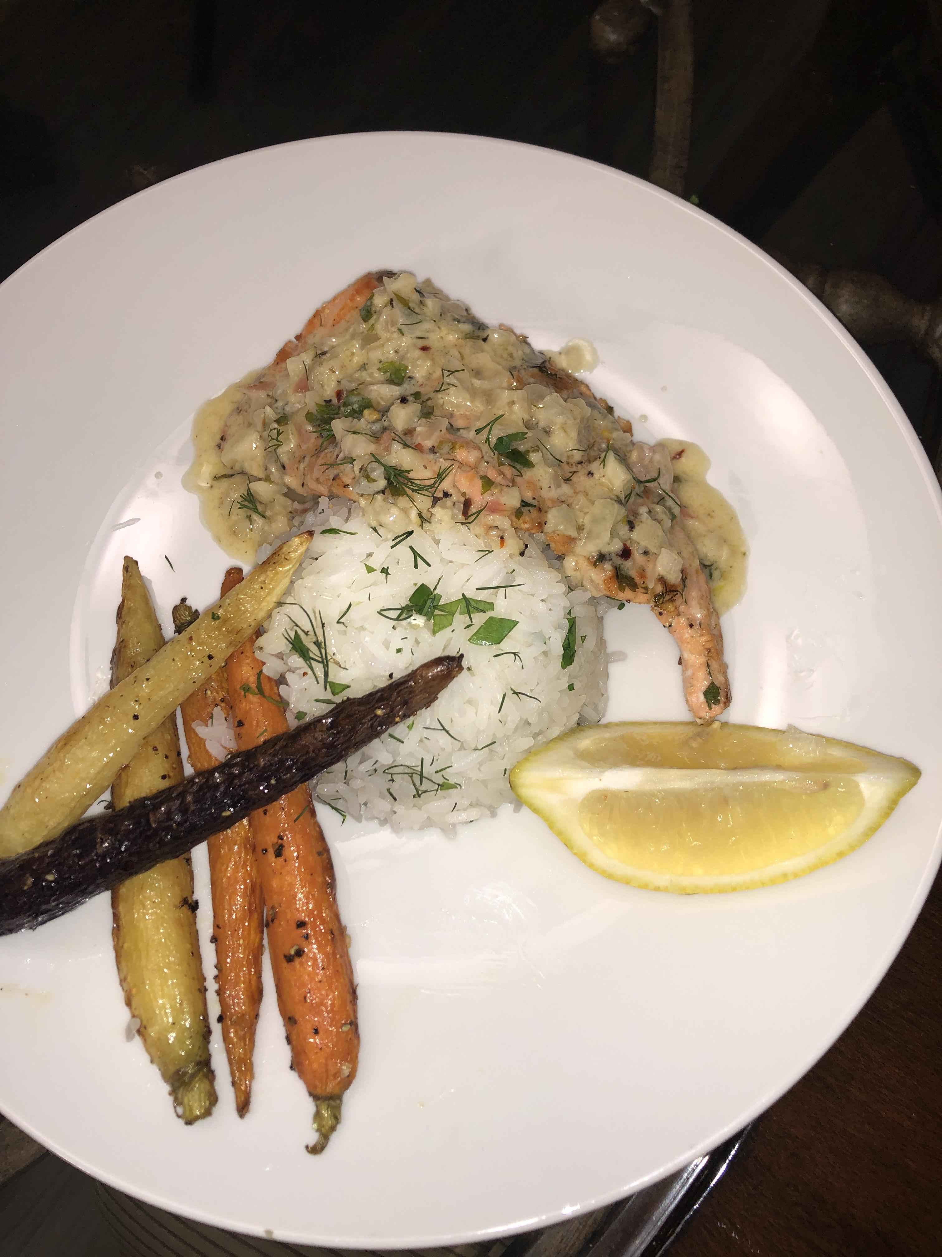 Salmon with a lemon brown butter dill sauce, cilantro rice and some
