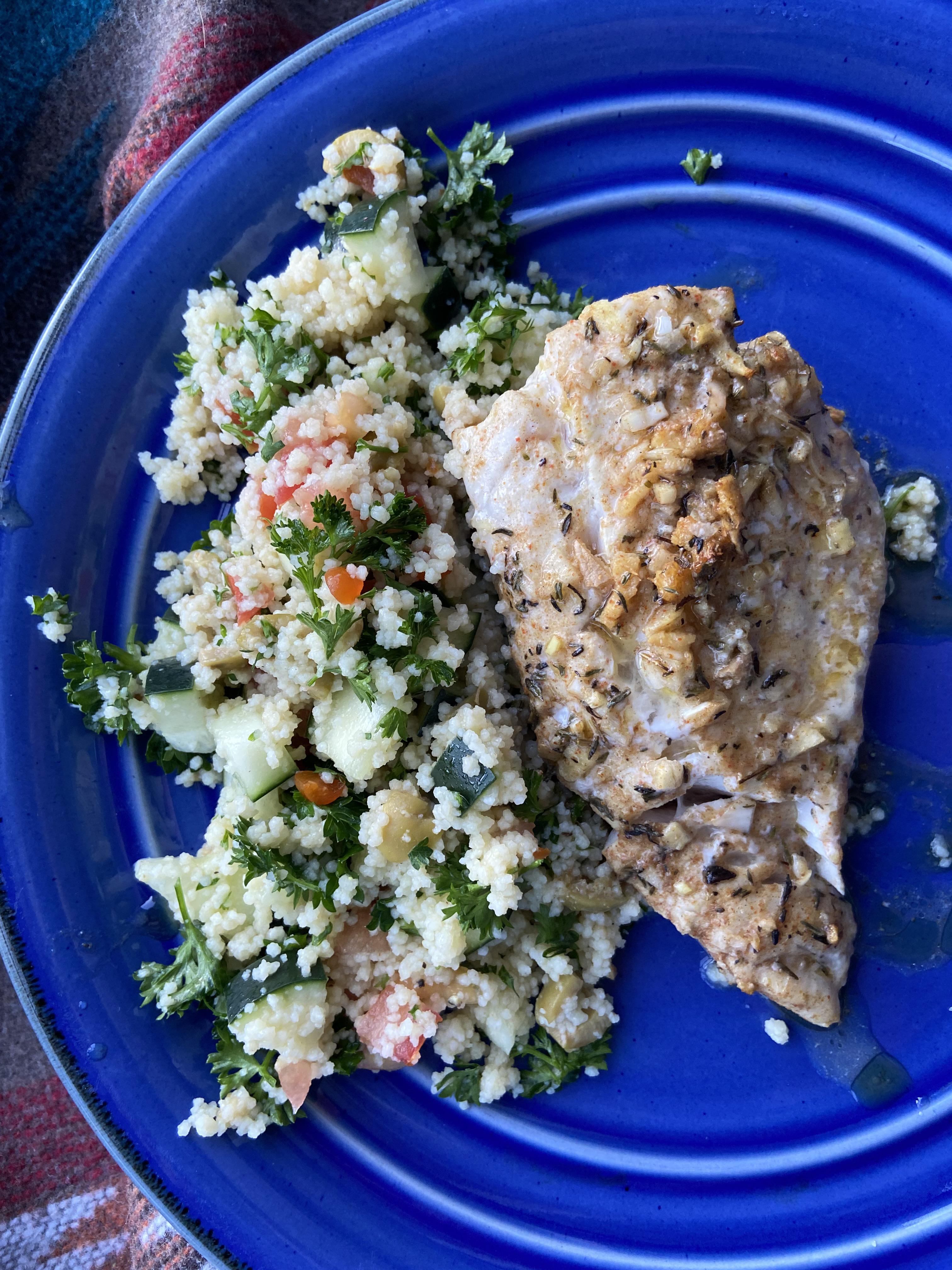 Moroccan spiced grilled Rockfish with couscous salad r/covidcookery