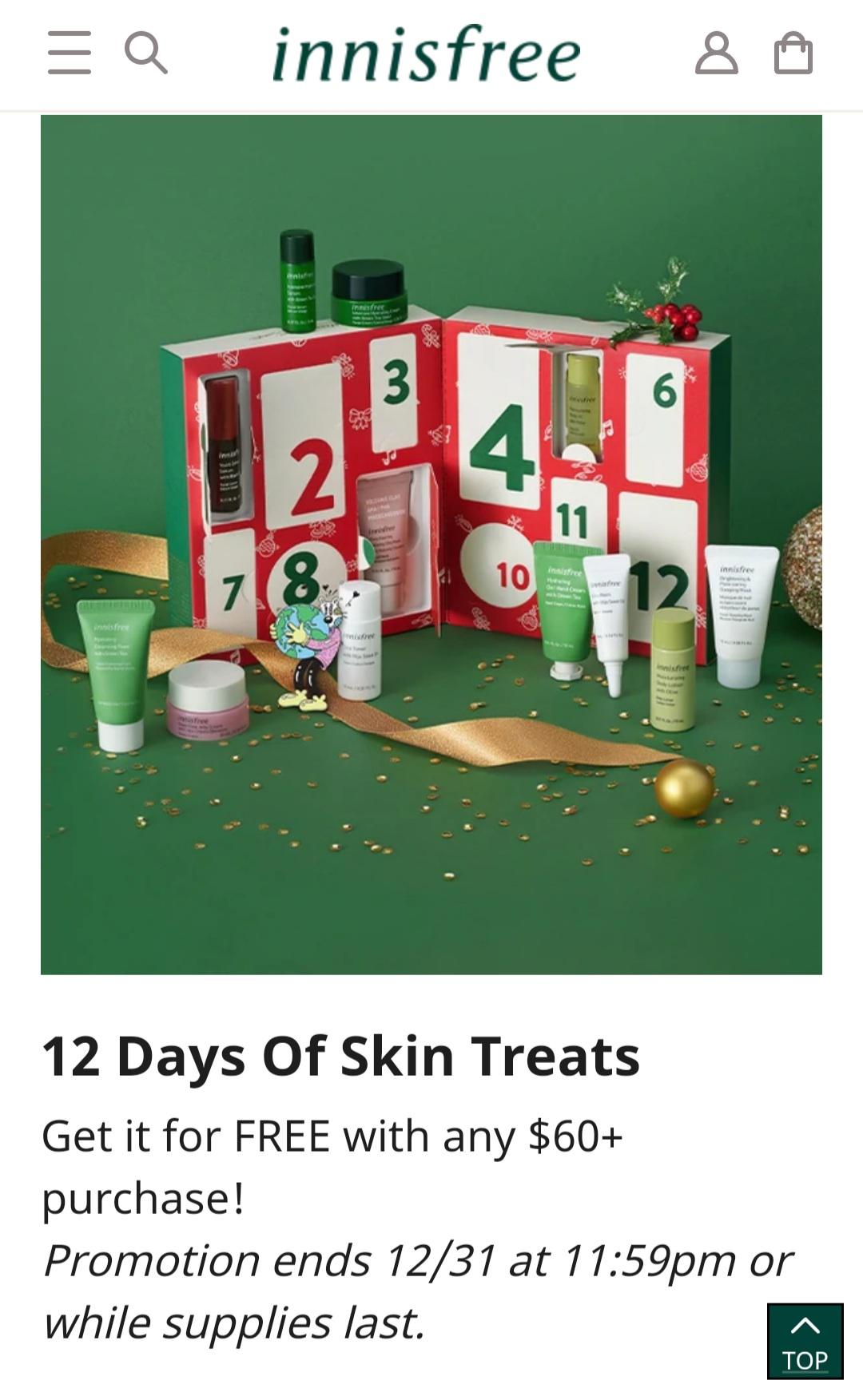 Innisfree [US] 12 Days of Skin Treats Free 60 Purchase & EndofYear