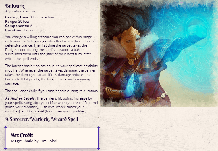 Bulwark highly experimental bonus action cantrip. Feedback appreciated r/UnearthedArcana