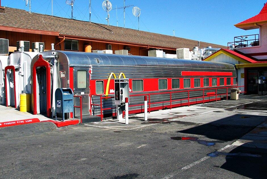 A McDonald’s in an old California train station has seating in train