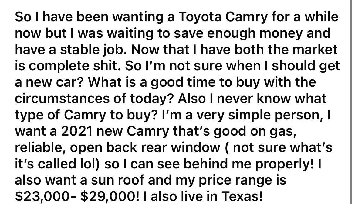 When is a good time to buy a car and what type of Camry? r