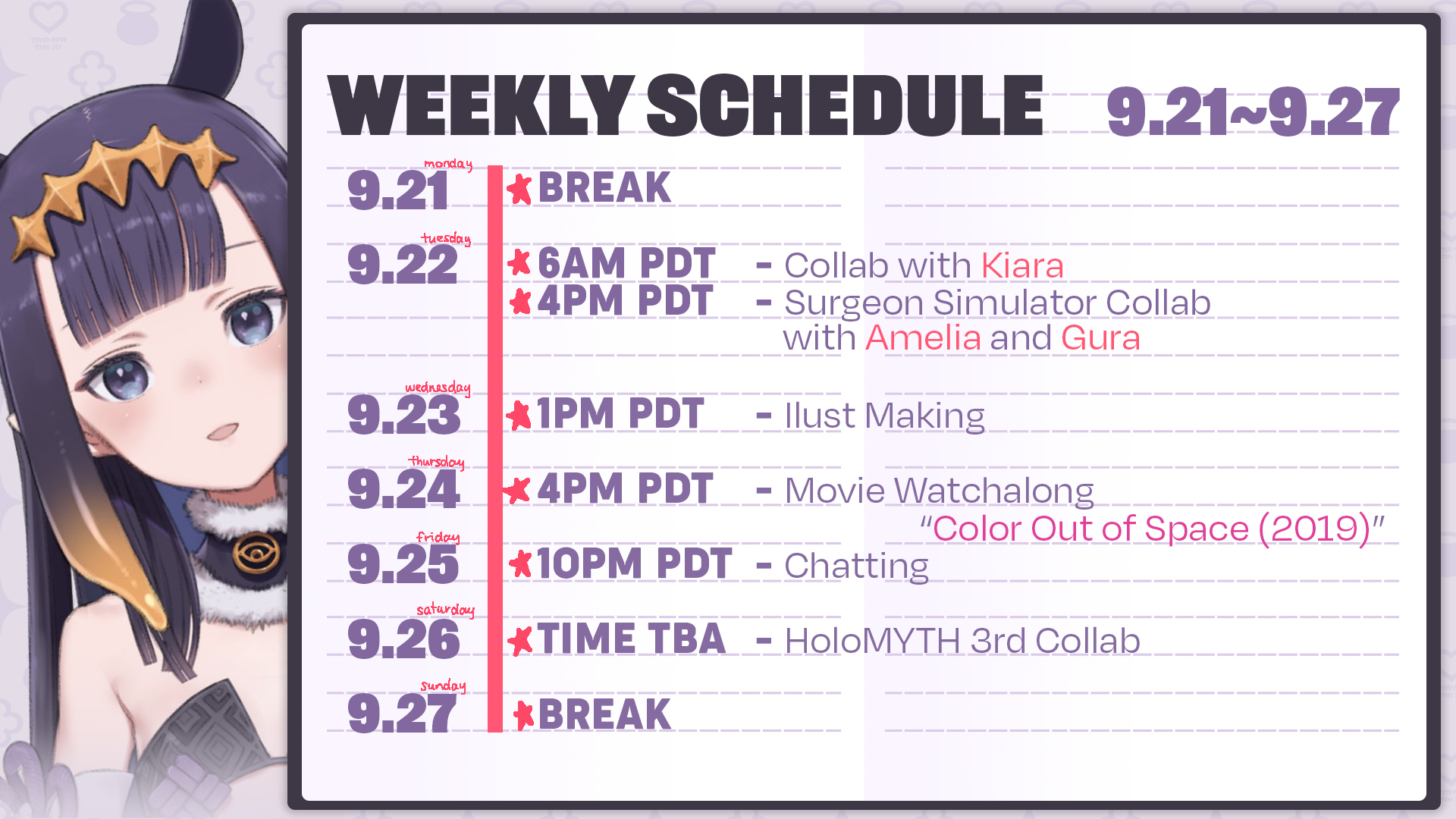 Ina's Schedule for the week (9/21 to 9/27), with video version in