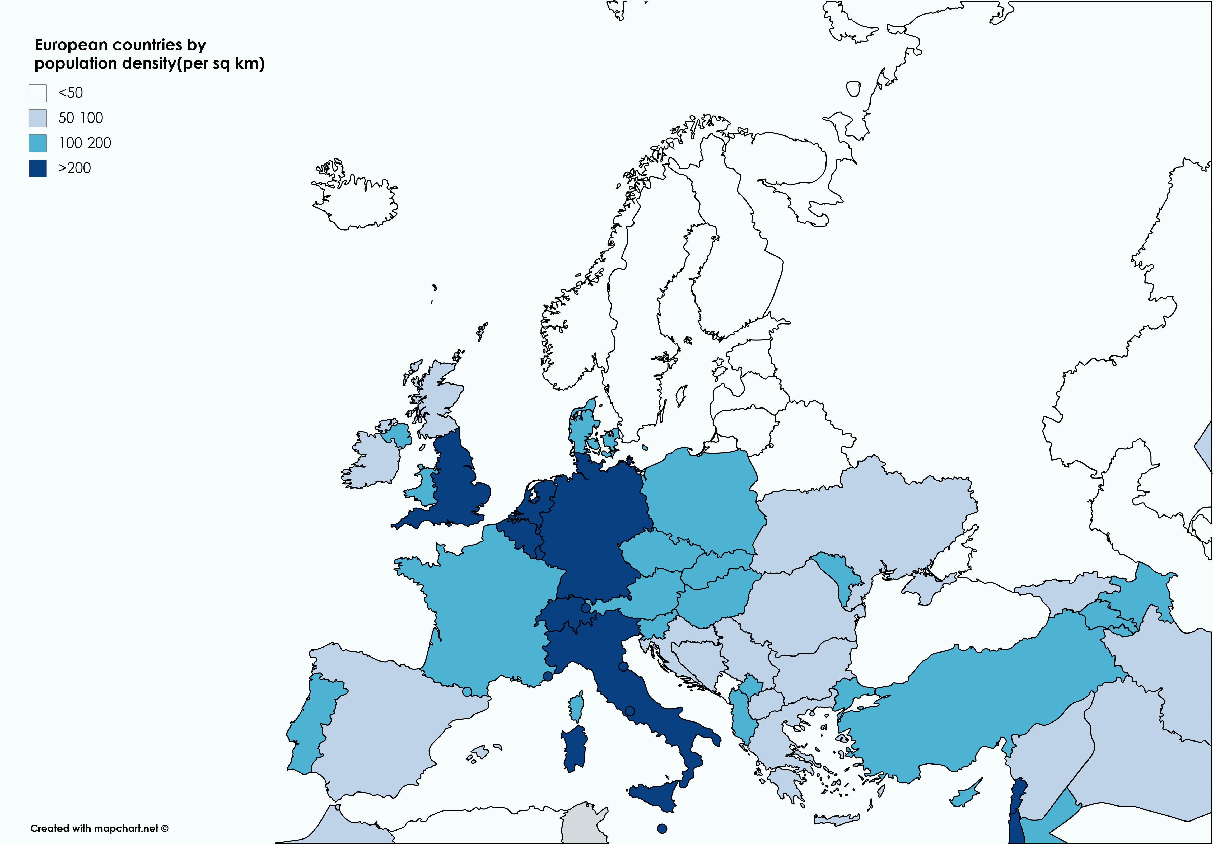 European countries by population density(per sq km) r/MapPorn