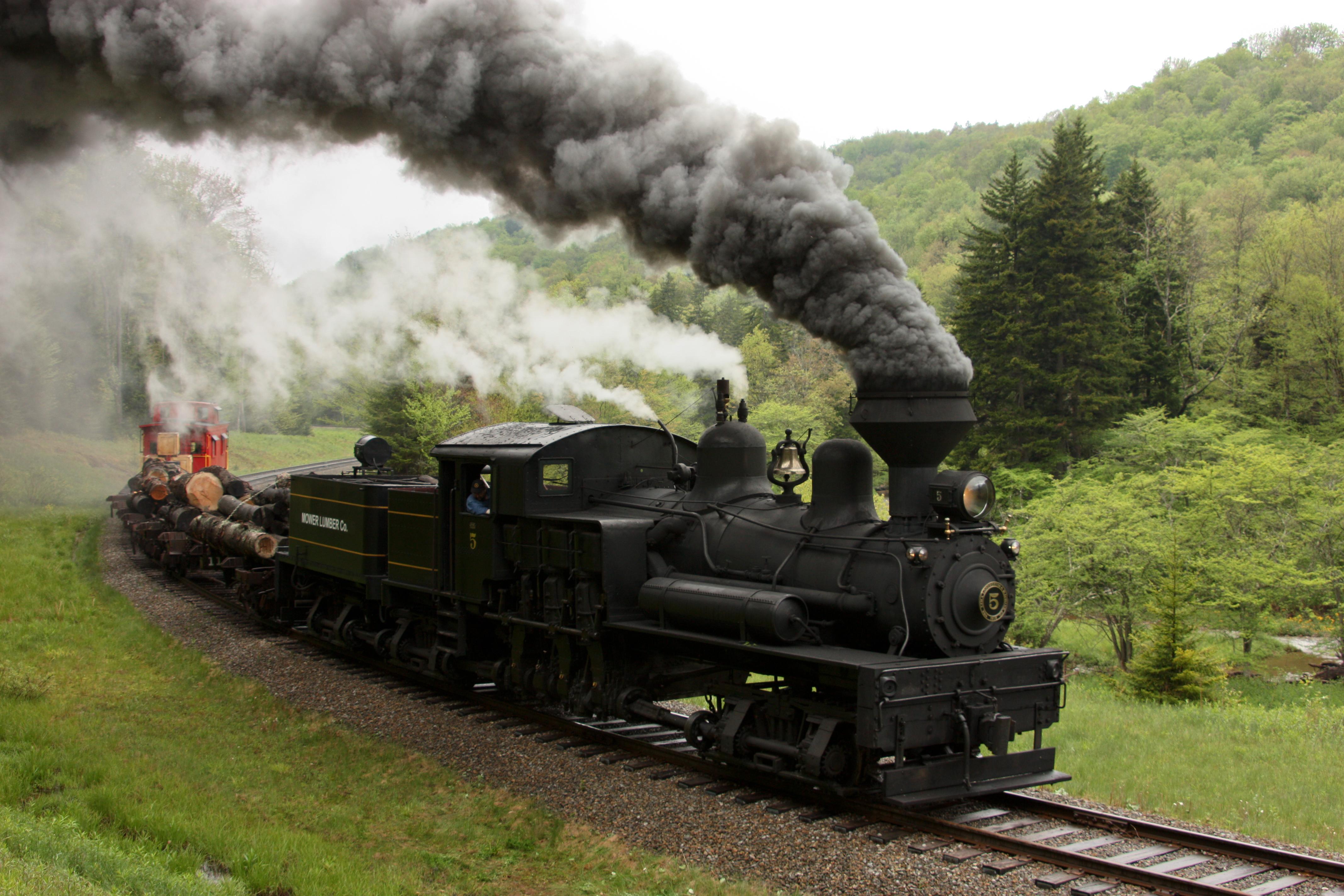 Mower Lumber Co. Shay 5 pulling a logging train during the railfan
