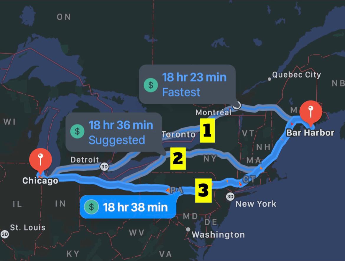 Taking a 10 day road trip from Chicago to Bar Harbor, Maine. Out of