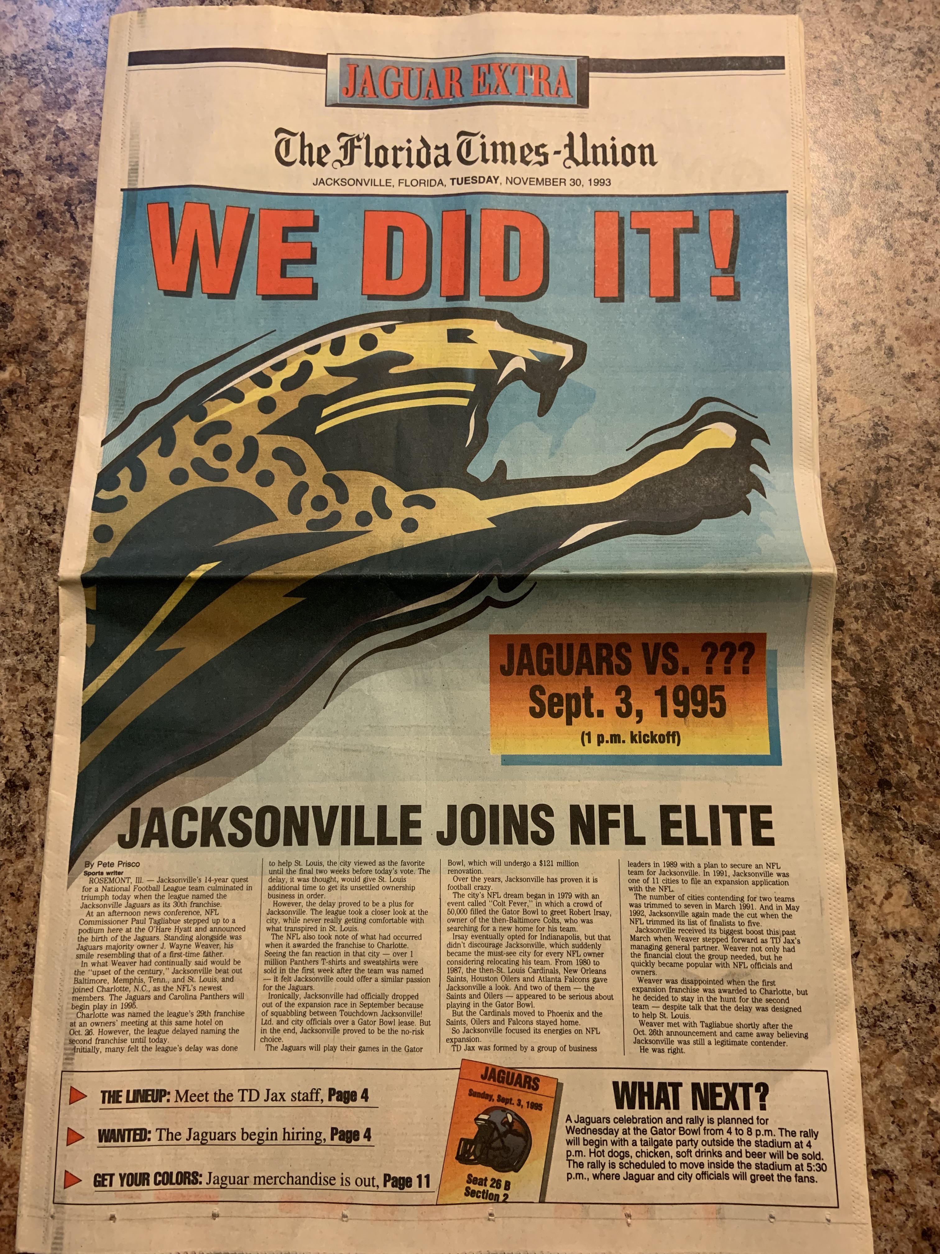 The Florida TimesUnion. November 30th, 1993. r/Jaguars