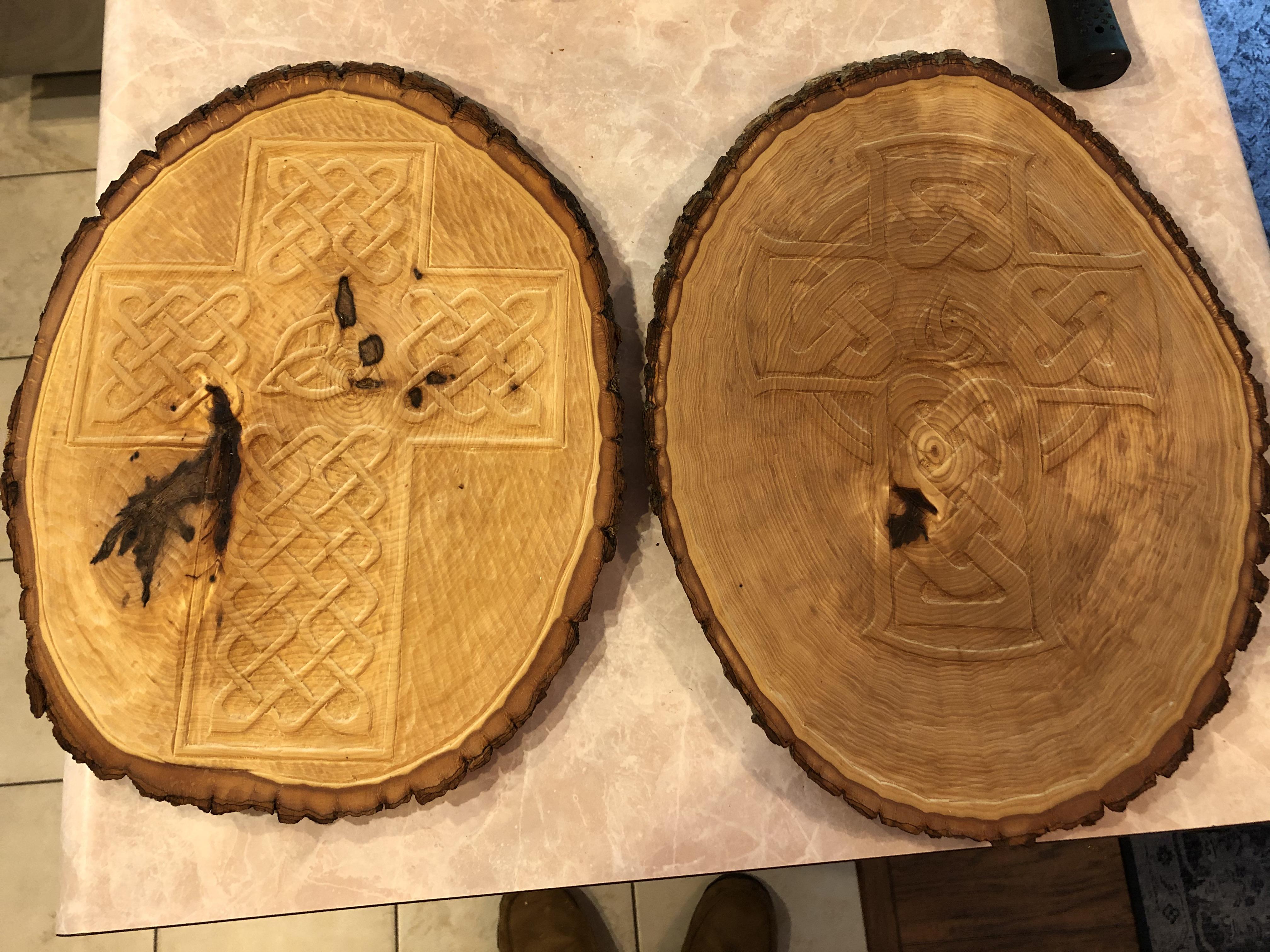 My first (left) and second (right) Relief carvings. The linseed oil was