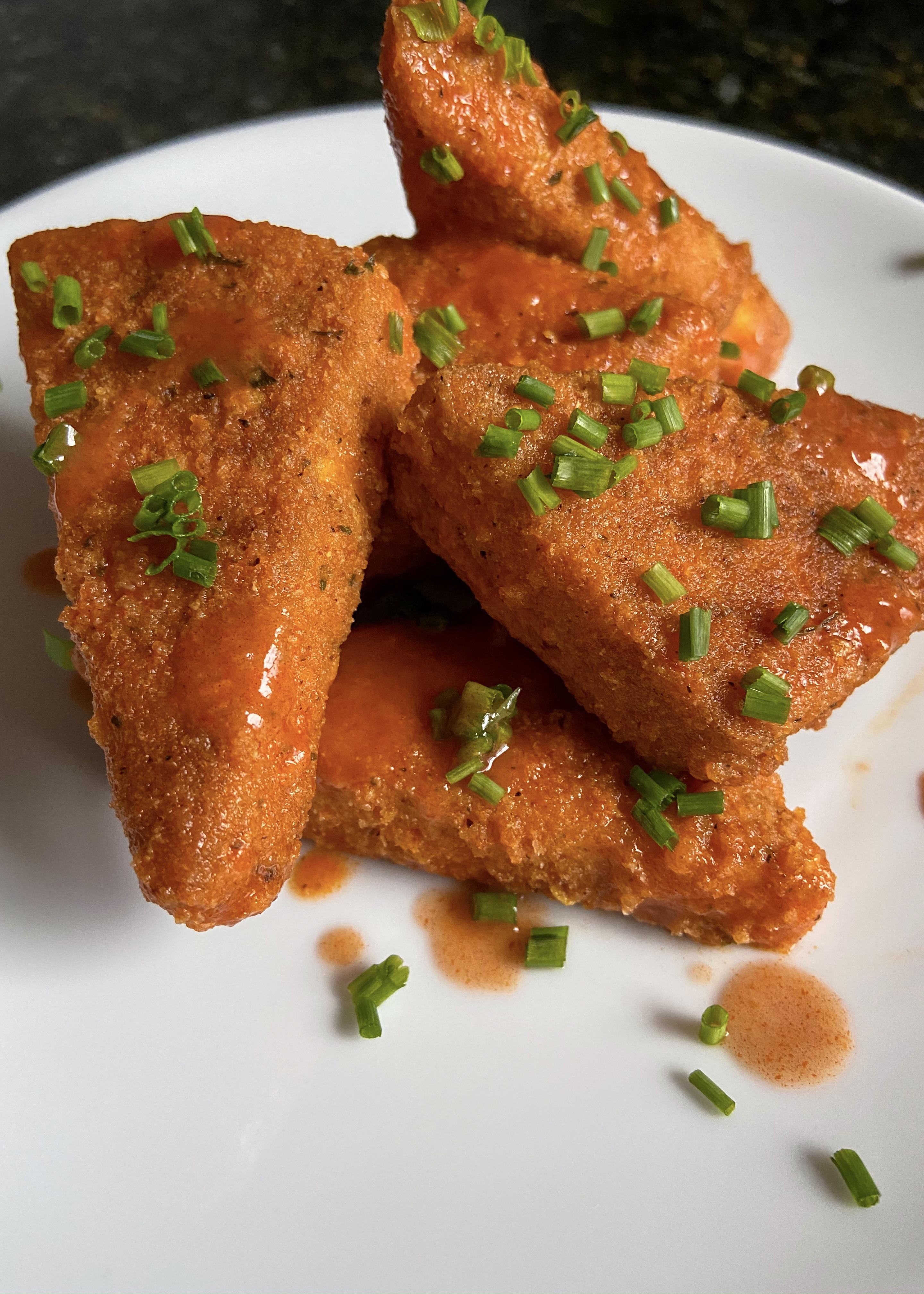 I made Buffalo tofu ‘wings’ that were so crunchy and spicy and cheap to