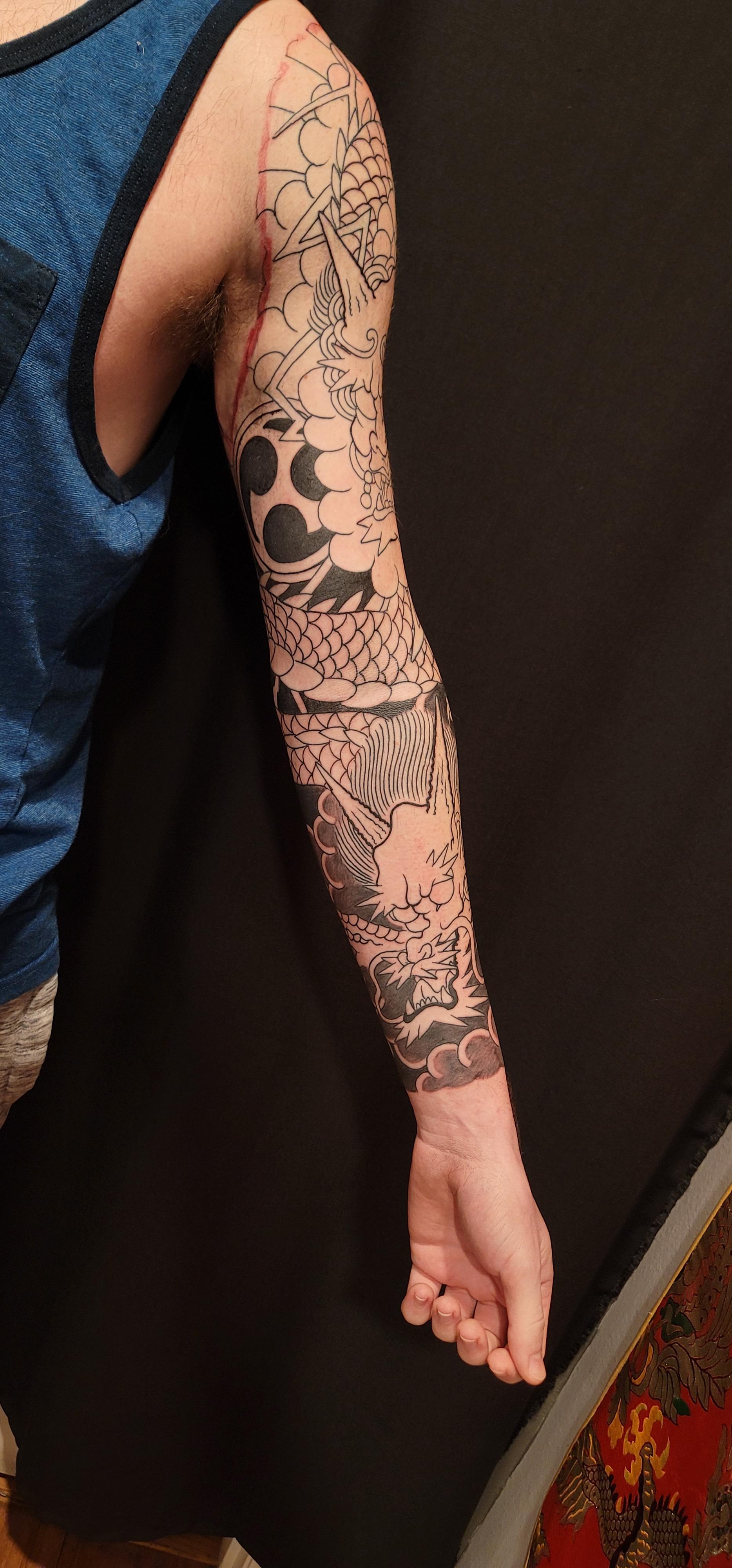 2Nd Session On My First Tattoo Complete! Raijin And Ryu Sleeve Done By Josh Wright @ Moonlight Tattoo : R/Irezumi 4000_x_1868_jpg
