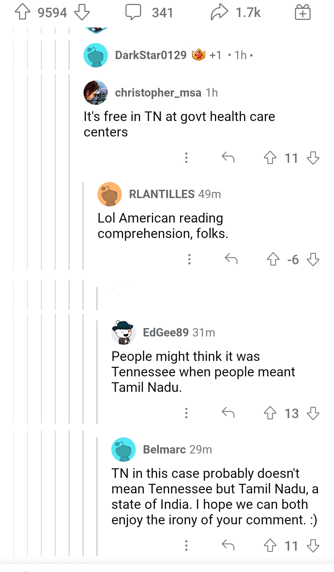 In a thread *about India* an American assumes TN is Tennessee and mocks