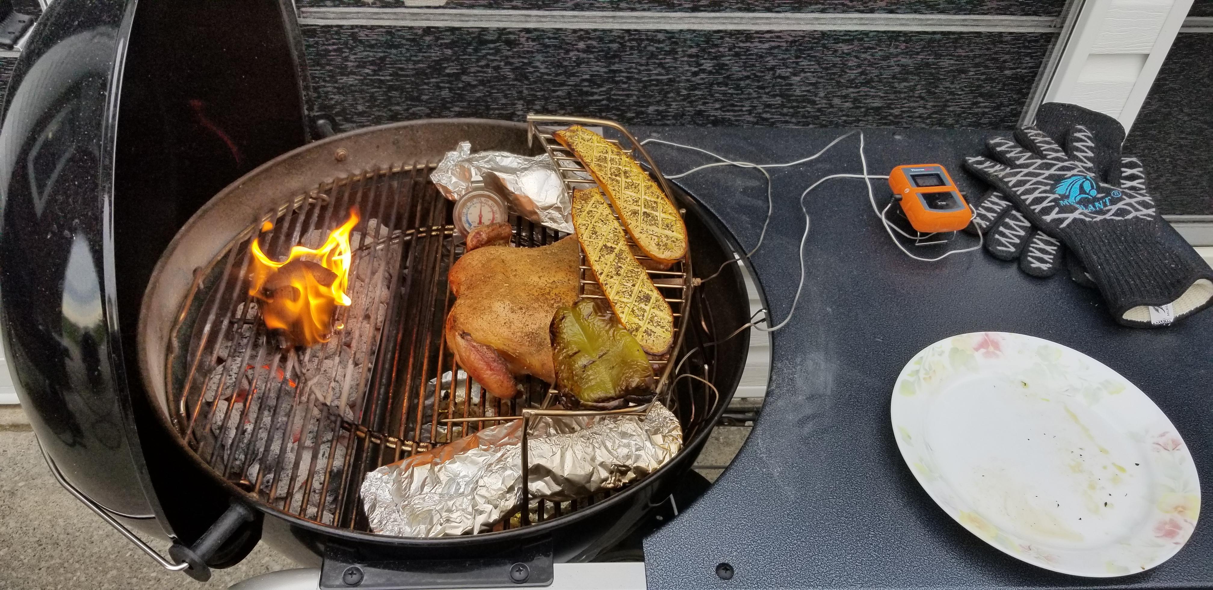 Spatchcock Chicken, Zuchinni, Pepper, Potatoes and Onions in Tinfoil on my Performer Deluxe with