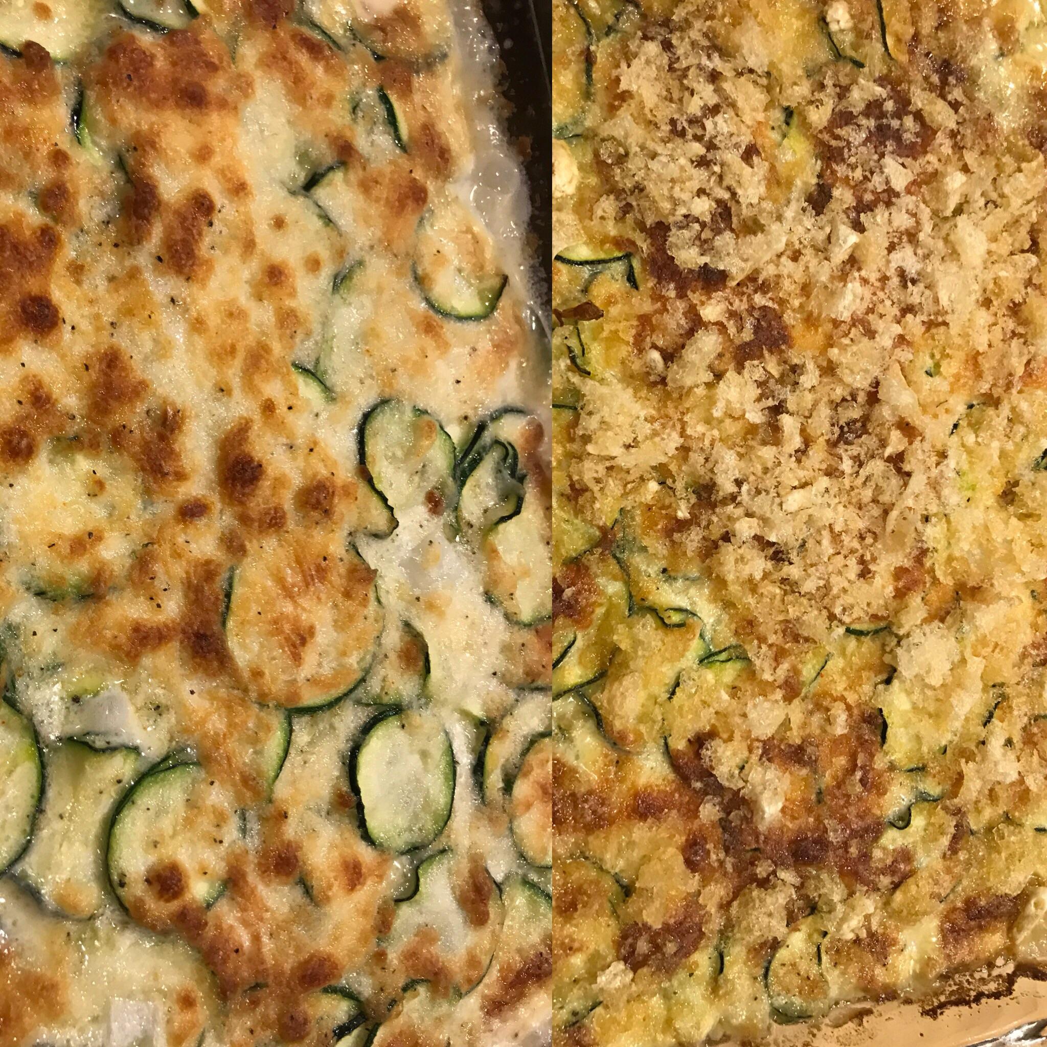 Zucchini au gratin. Added crushed pork rinds for a crunchy texture on