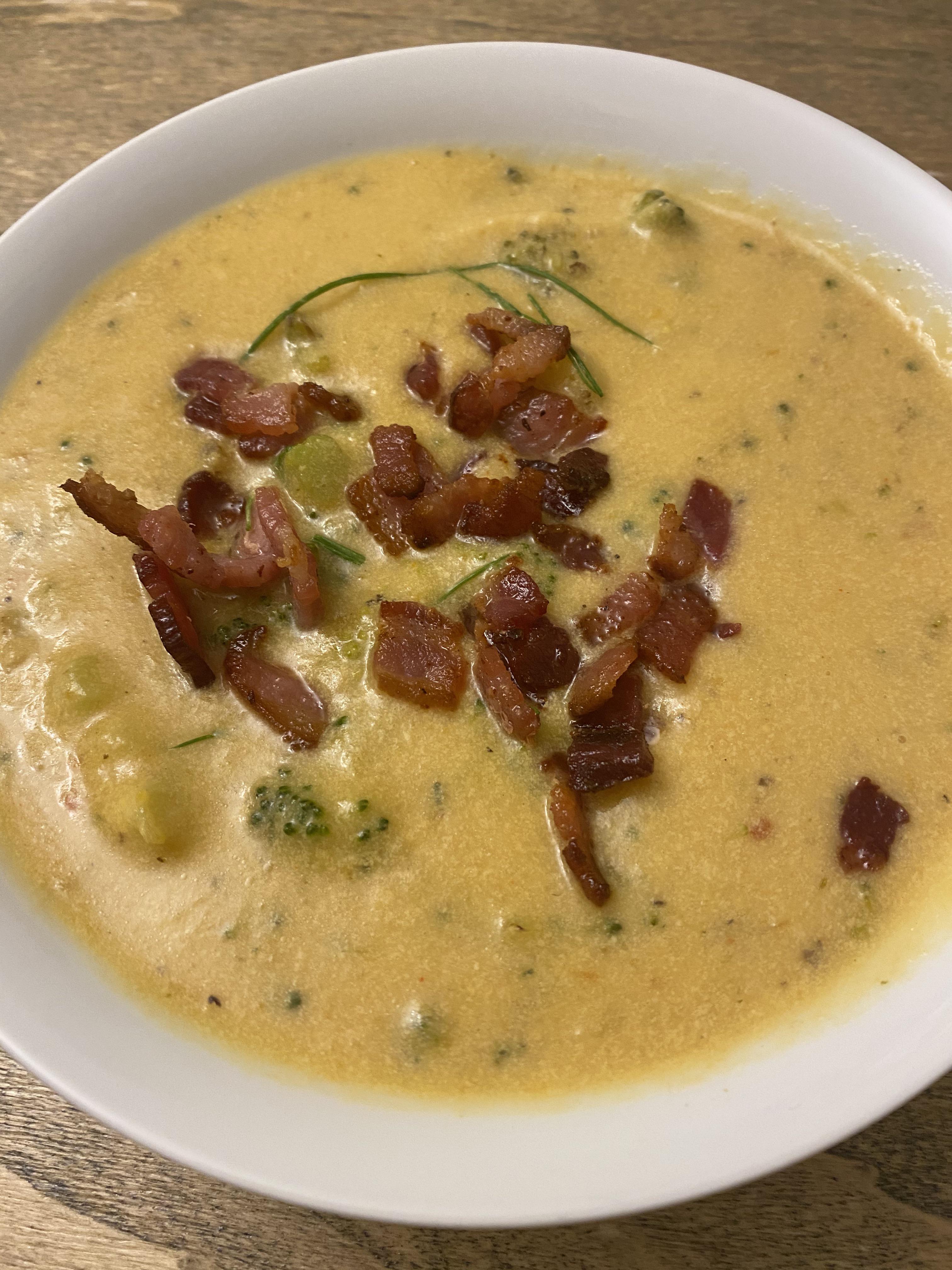 Kenji’s broccoli and cheddar soup, made with smoked cheddar and bacon