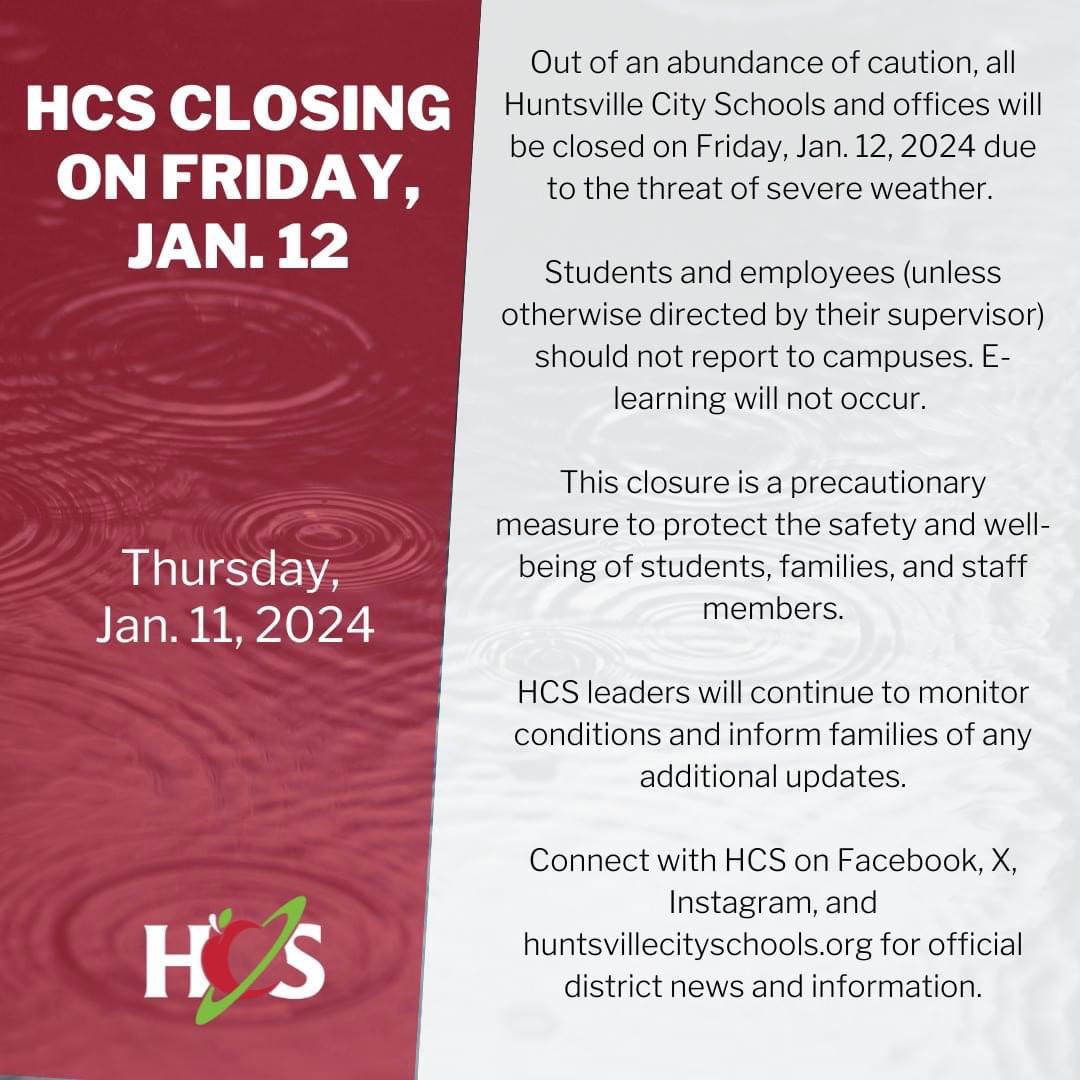 Huntsville City Schools Closed Tomorrow r/HuntsvilleAlabama